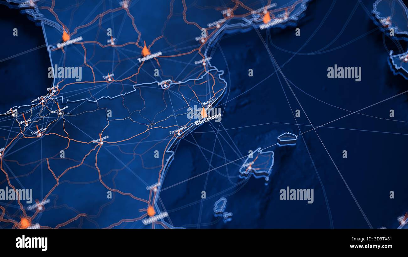 Barcelona MAP Big Data Visualisierung. Futuristische Karte Infografik der Stadt in Spanien. Komplexität visueller Kartendaten in modernen Blau- und Orange-Farben Stockfoto