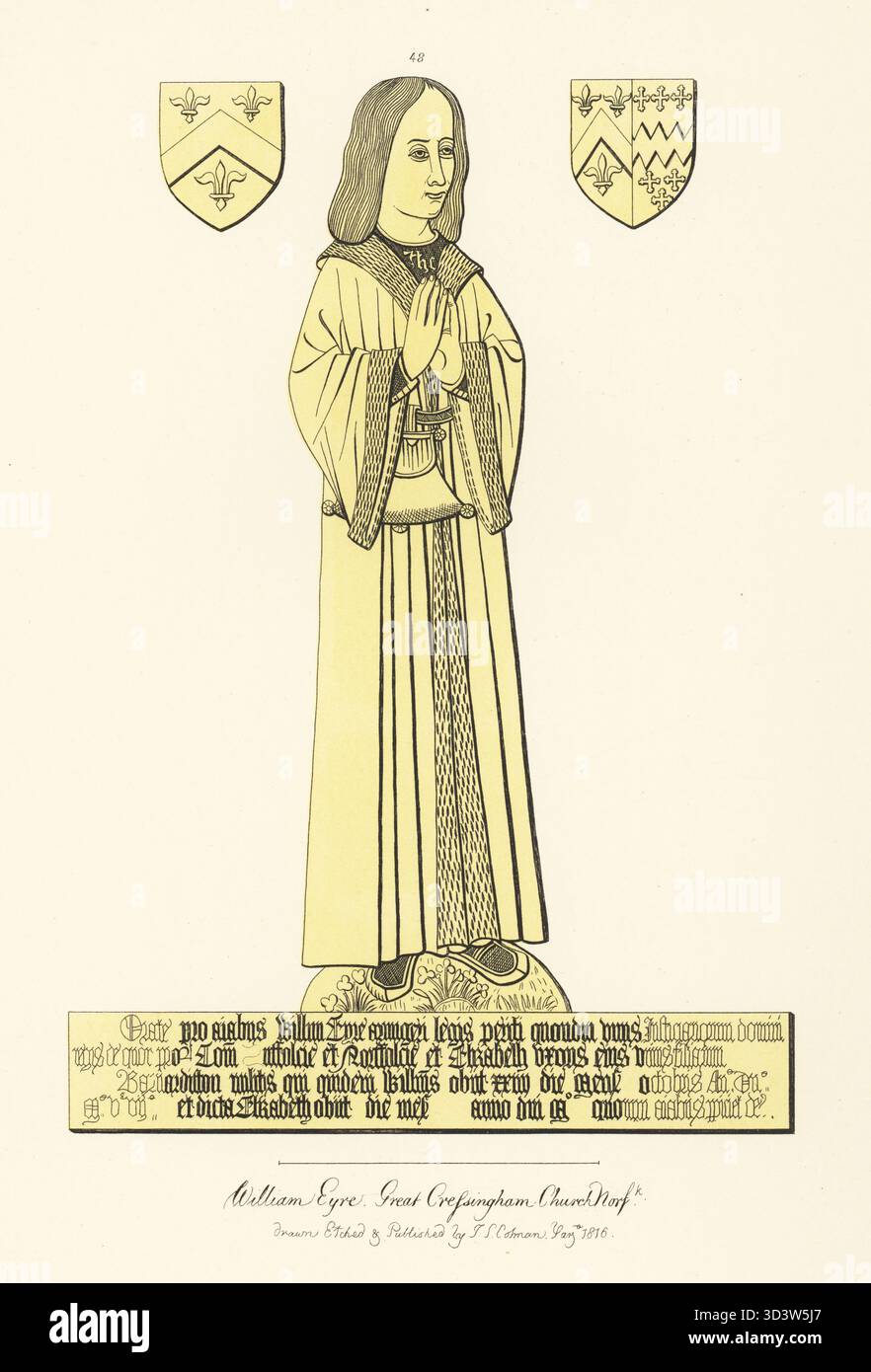 William Eyre, Country Gentleman und Magistrat, 1507. In einem Kleid mit Pelzfutter, einem Kleid, das mit dem Christogram JHC bestickt ist, einem Gürtel mit Brieftasche. Wappen. Memorial Messing in St. Michael's Church, Great Cressingham, Norfolk. Handgetönter Kupferstich gezeichnet, geätzt und veröffentlicht von John Sell Cotman in Gravuren der bemerkenswertesten Grabbläser in Norfolk, Henry Bohn, London, 1818. Stockfoto