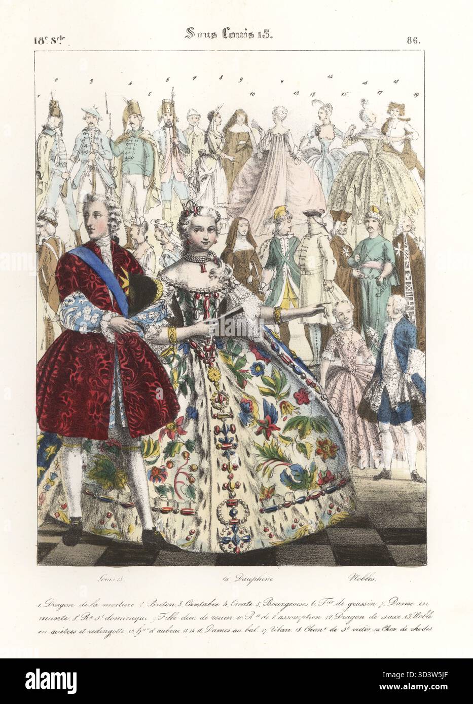 König Ludwig XV., in Samtjustaukorps, Maria Josepha von Sachsen, Frau des Dauphins, im bestickten Kleid, mit Adligen, 18. Jahrhundert. Louis XV., La Dauphine, Adlige. Sous Louis 15. Handkolorierte Lithografie von Godard nach einer Illustration von Charles Auguste Herbé aus seinen eigenen Kostümen Francais, Civils, Militaires et Religieux, französische Kostüme, Militär und Ordensleute, Maison Martinet, Paris, 1837. Stockfoto