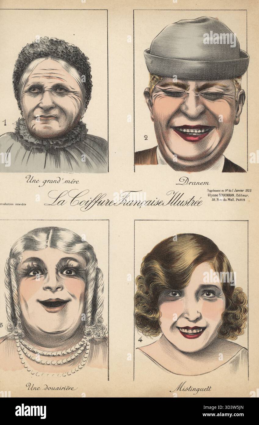 Frisuren einer Großmutter, Comicdarstellerin und Sängerin Dranem (Armand Menard, 1869–1935), Dowager und Schauspielerin Mistinguett (Jeanne Florentine Bourgeois, 1873–1956). Une Grand'mere, Dranem, une douairiere, Mistinguett. Chromolithograph aus La Coiffure Illustrée, französisches Friseurmagazin herausgegeben von Ulysse Boucoiran, 33 rue de Mail, Paris, Januar 1925. Stockfoto