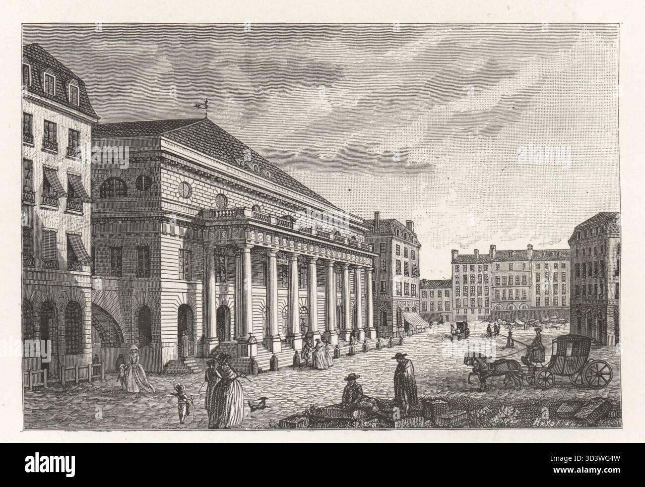 Blick auf das Theater Francais, rue Corneille, Paris, 1788 (das Odeon nach 1798 und jetzt das Odéon-Théâtre de l'Europe). Neoklassizistisches Design von Charles de Wailly und Marie-Joseph Peyre. Vue perspective externieure du Theatre-Francais, 1788, qui EST actuellement le Theatre de l'Odeon, Depuis 1798. Holzschnitt von Huyot aus Paul Lacroix' Direktorat, Consulat et Empire, (Directory, Konsulat und Empire), Paris, 1884. Stockfoto
