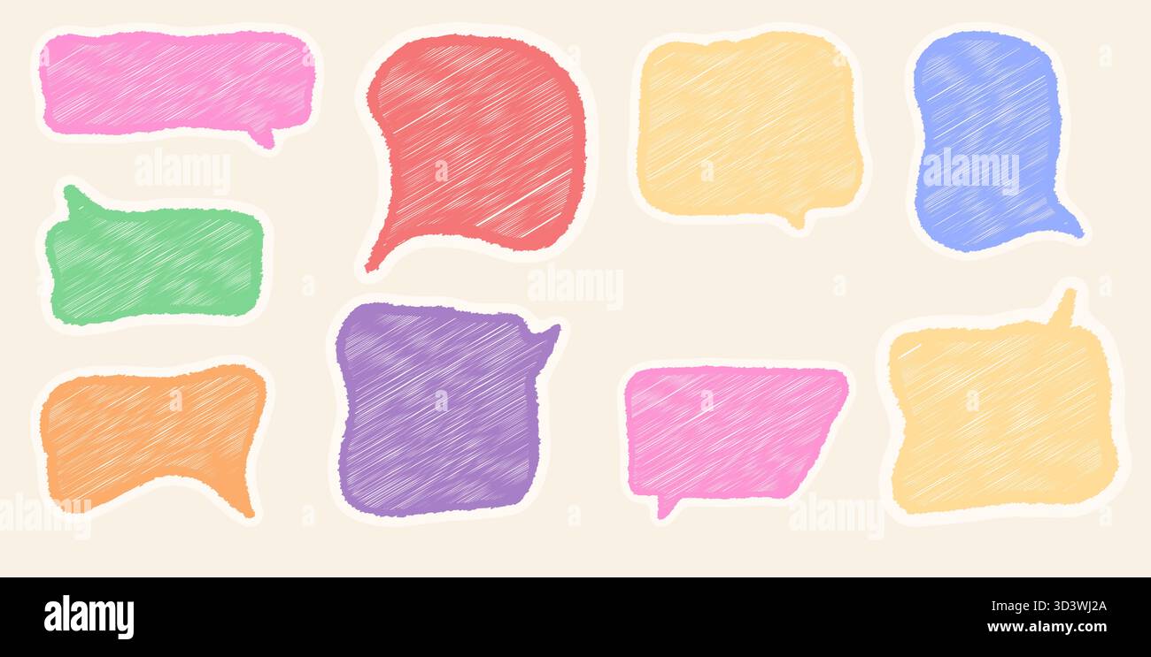 Kreidestift kritzelnd Sprechballons auf beigem Hintergrund, Skizzenstil Comic-Rahmen, Buntstift Hand gezeichnete Vektor-Illustration mit Grunge-Textur für Stock Vektor