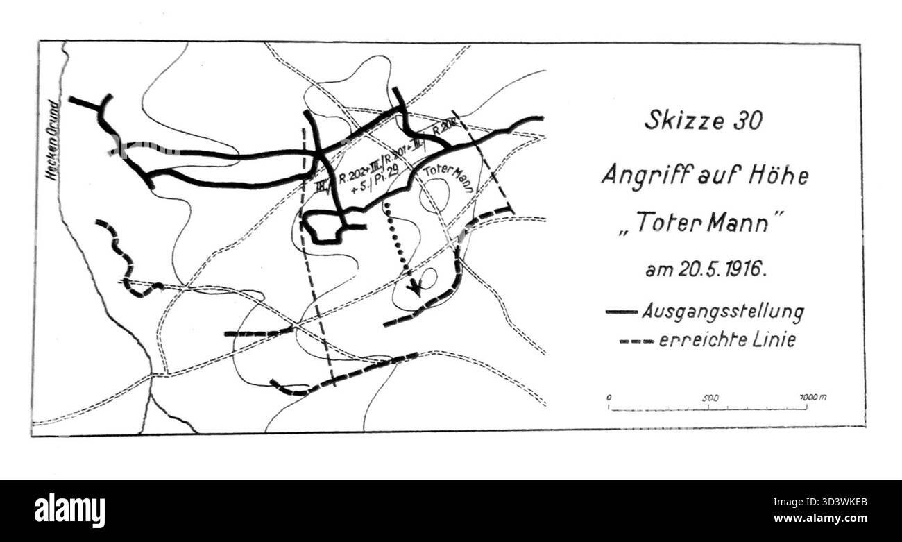 Foto, das den Angriff auf Toter-Mann-Höhe während der Schlacht von Verdun durch das Pioneer-Bataillon 29 vor dem 20. Mai 1916 zeigt. Stockfoto