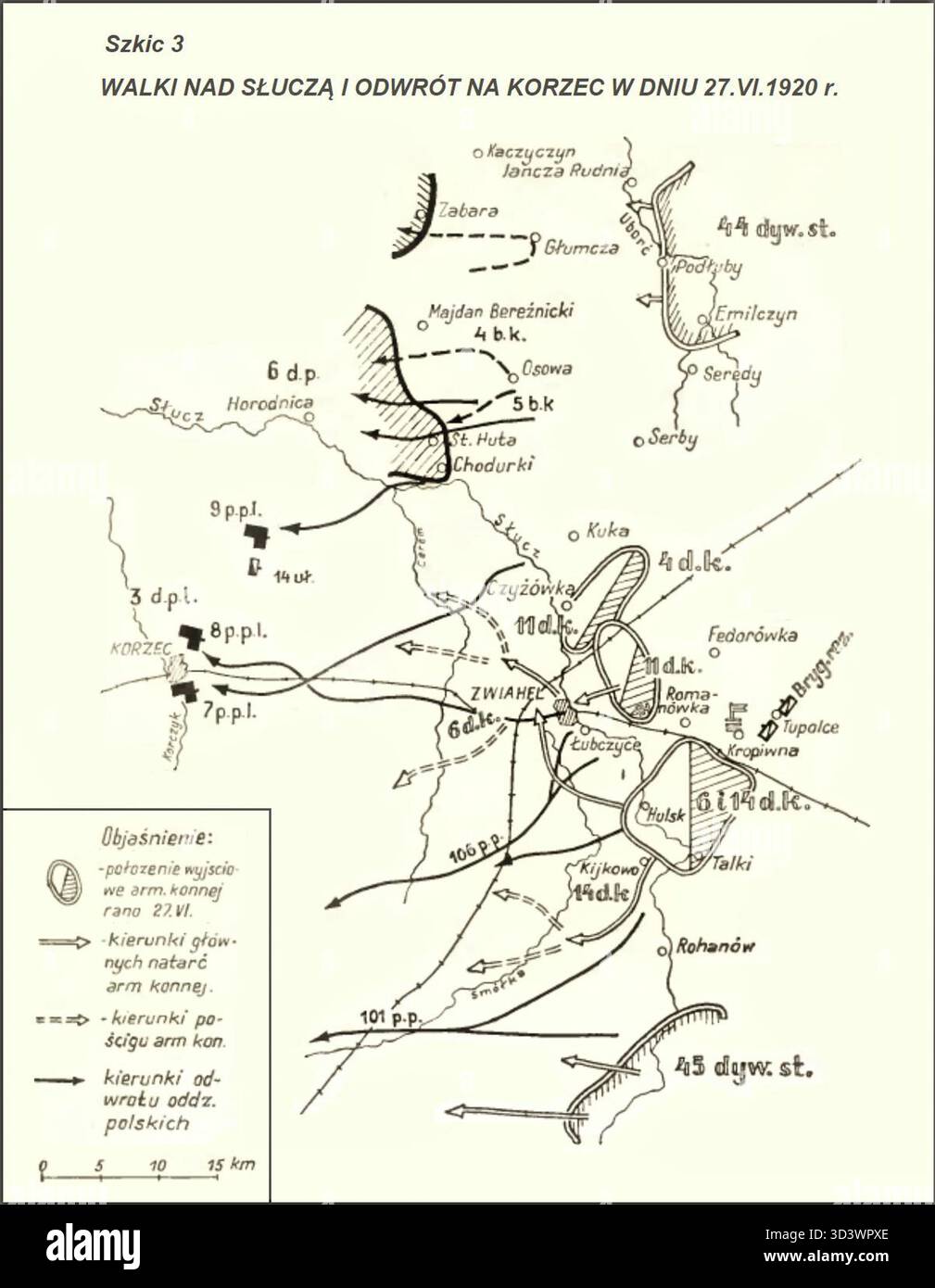 Eine Skizze von 1937 der Schlachten bei Sucz und dem Rückzug nach Korzec am 27. Juni 1920 während des Polnisch-Sowjetischen Krieges. Es zeigt den strategischen Rückzug der polnischen Streitkräfte. Stockfoto
