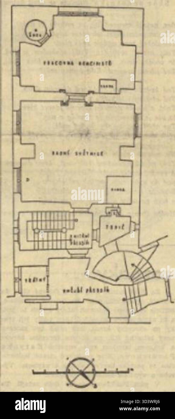 Plan des Standorts der Prager Verteidigung, ein Ereignis im Jahr 1618, das die tschechische Geschichte maßgeblich beeinflusste. Dieser Plan, der 1931 erstellt wurde, beschreibt den Bereich, in dem die Veranstaltung stattgefunden hat. Stockfoto