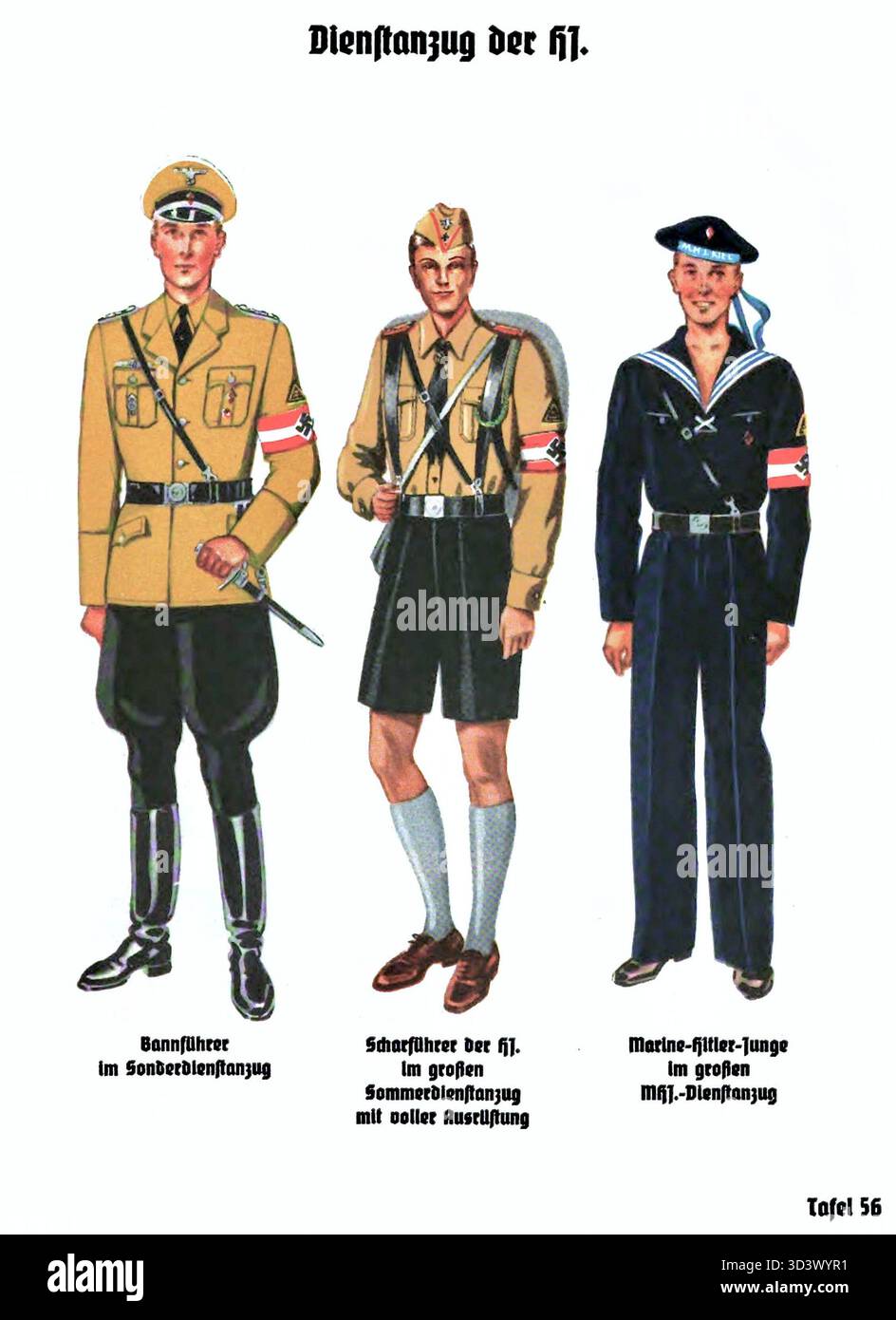 Diese Platte aus dem Organisationsbuch der NSDAP von 1938 zeigt die besondere Dienstuniform eines Hitlerjugend (HJ) Bannführers sowie die Sommeruniform eines Scharführers mit kompletter Ausstattung. Stockfoto