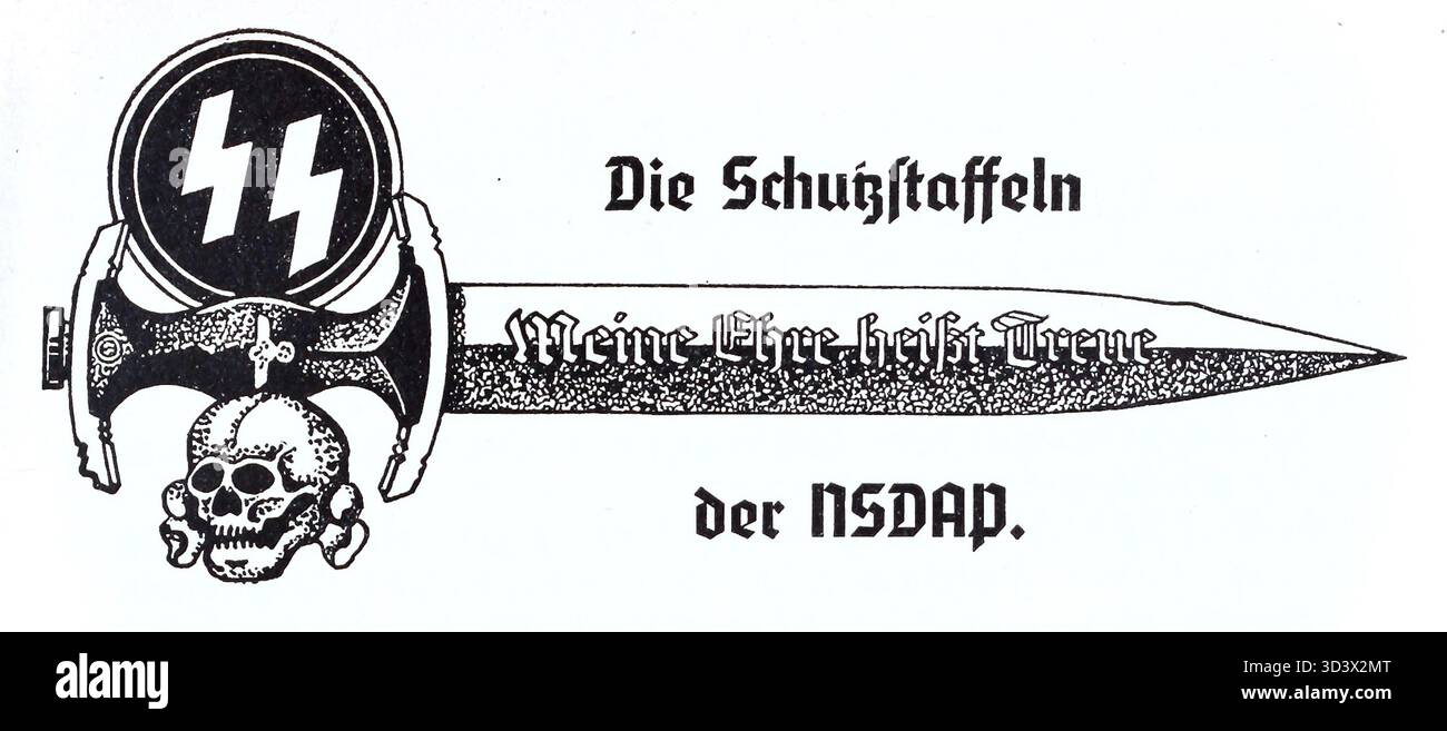 Strichillustration aus dem Organisationsbuch der NSDAP von 1943 mit Emblemen der Schutzstaffel (SS), darunter ein Dolch mit dem Motto „meine Ehre heisst Treue“ und Schädelbilder. Das Handbuch wurde unter Robert Ley vom Reichsorganisationsamt herausgegeben. Stockfoto