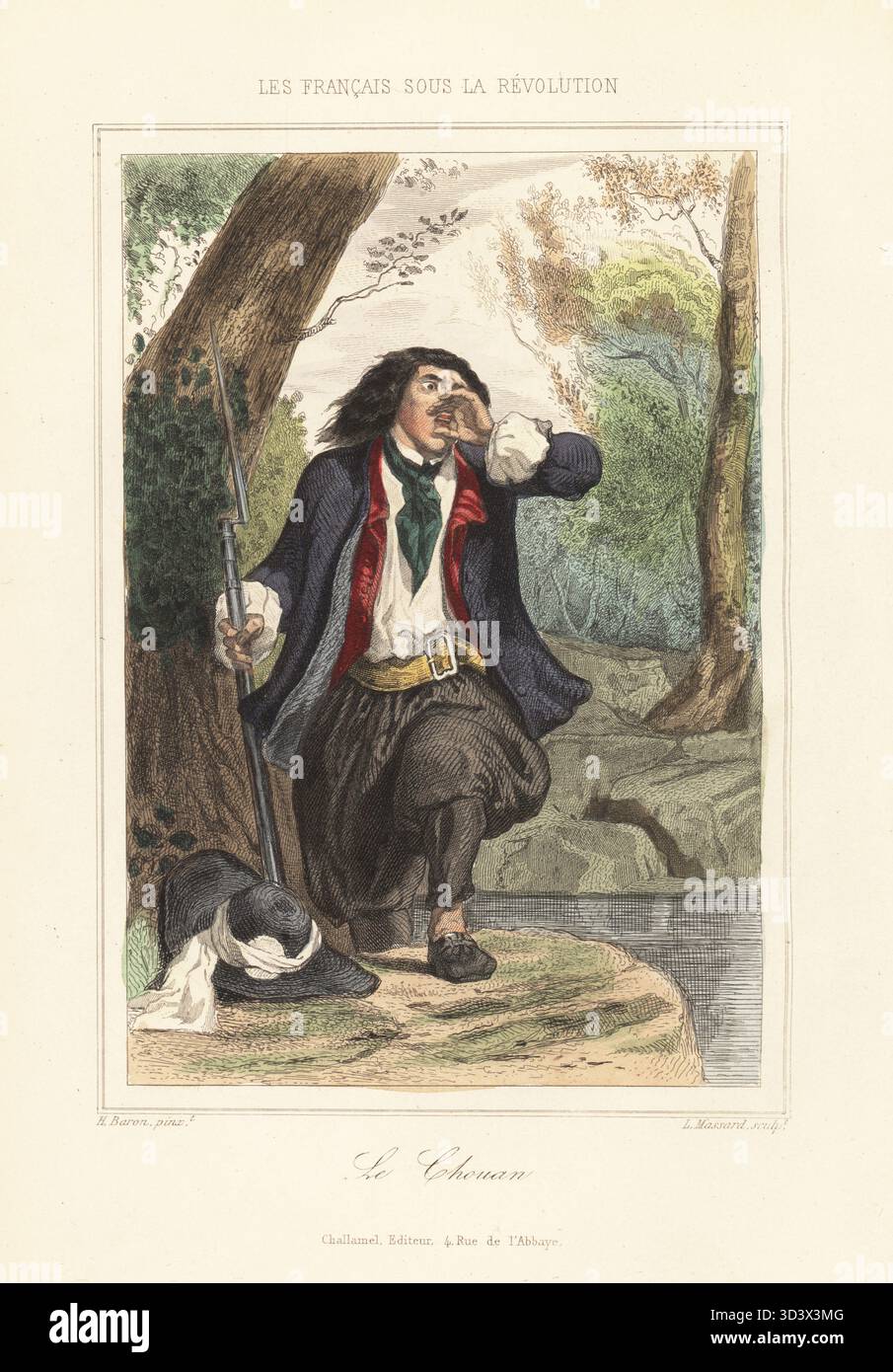 Antirevolutionärer royalistischer Aktivist mit Muskete. Chouans operierte am linken Ufer der Loire, Vendeens am rechten Ufer. Benannt nach Jean Chouan, dem stillen von vier Brüdern, einem Aufständischen. Le Chouan. Handkolorierter Stahlstich von Leopold Massard nach einer Illustration von Henri Baron aus Augustin Challamel und Wilhelm Tenint's Les Francais sous la Revolution, die Franzosen unter der Revolution, Challamel, Paris, 1843. Stockfoto