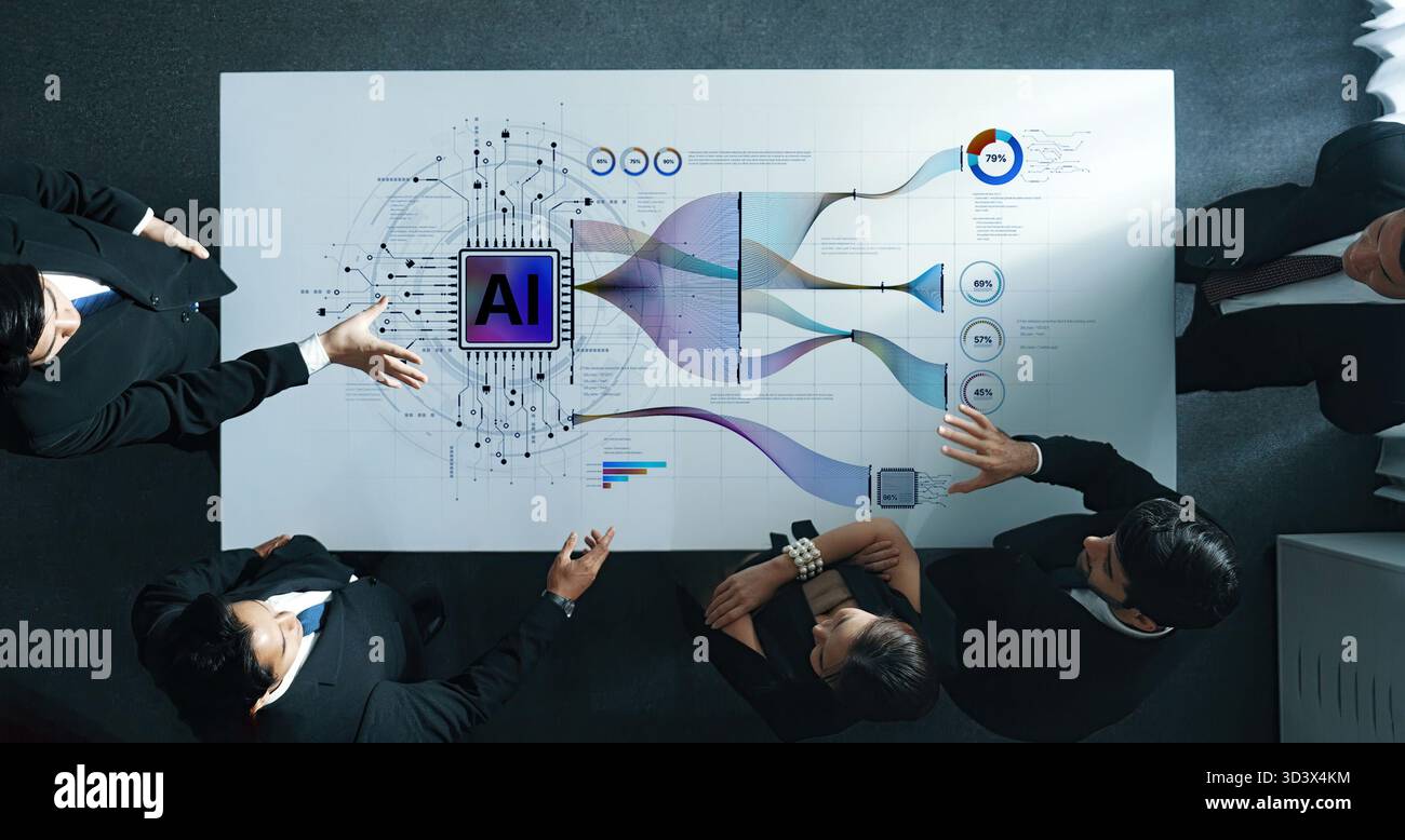 Ein vielseitiges Geschäftsteam arbeitet an einer Strategie für künstliche Intelligenz mit Datenvisualisierungen und Diagrammen in einem schlanken, modernen Bürobereich zusammen. Trope Stockfoto