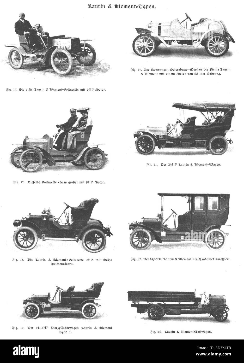 Die Allgemeine Automobil-Zeitung 1909 berichtete über verschiedene Fahrzeugtypen von Laurin & Klement und hob die Vielfalt der Modelle von frühen Pkw über Nutzfahrzeuge bis hin zu Lieferfahrzeugen hervor. Stockfoto