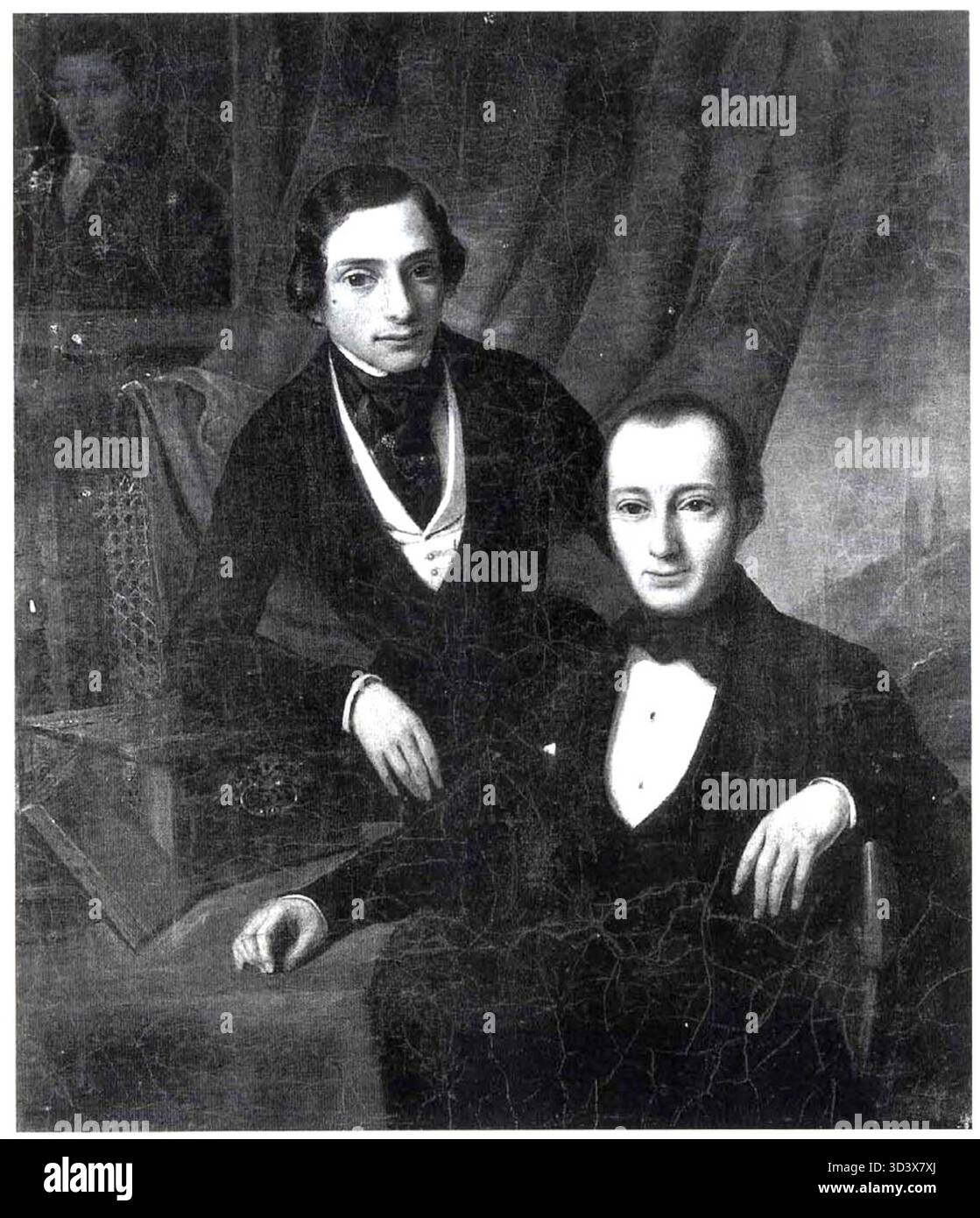 Ein Gemälde aus dem späten 19. Jahrhundert, das Elias Stein, einen berühmten Schachgroßmeister, mit seinem Sohn und Enkel darstellt. Die Familie wird zusammen mit Elias Stein im Hintergrund gezeigt, was ein Erbe des Schachs darstellt. Stockfoto