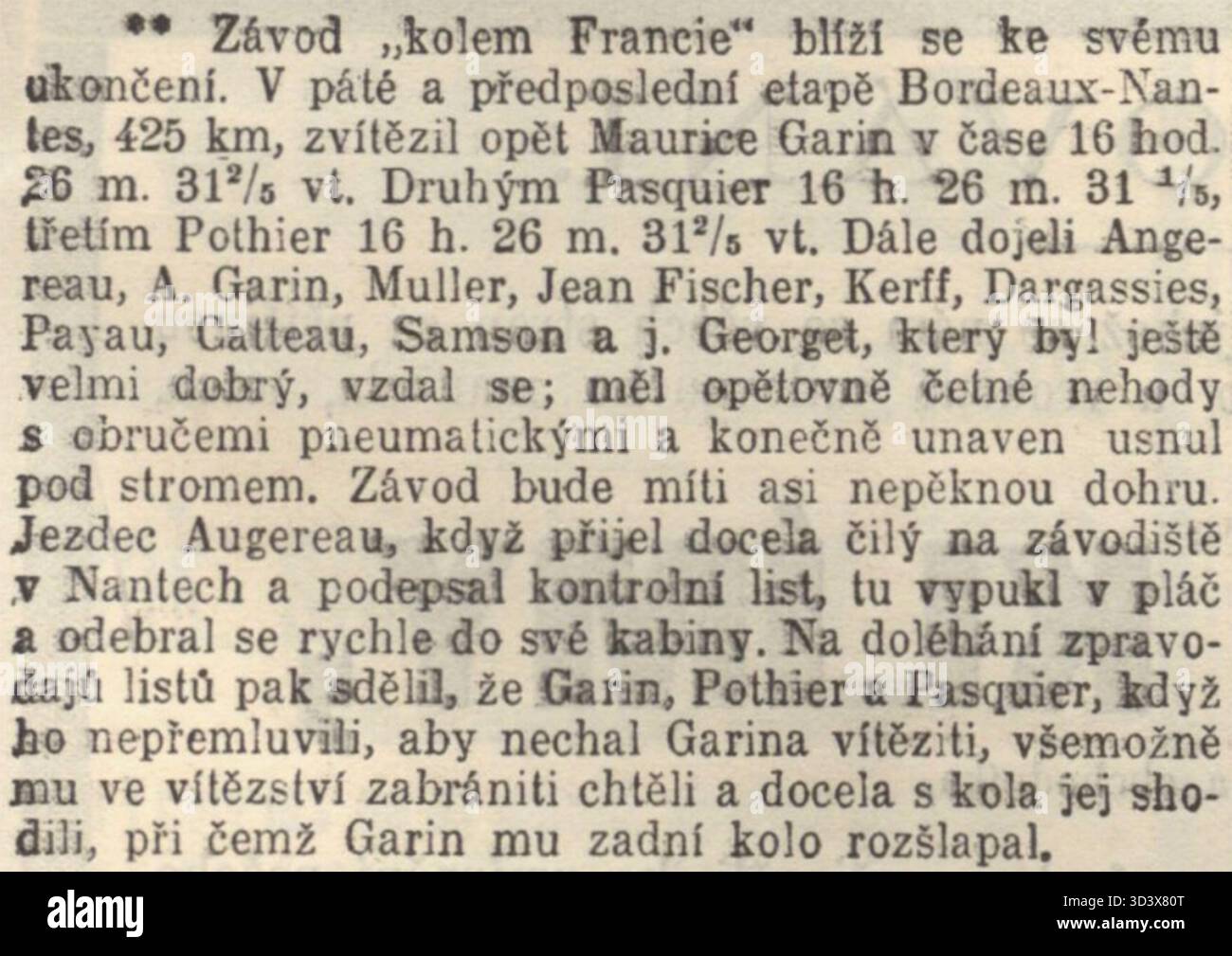 Dieser zeitungsartikel von Národní listy aus dem Jahr 1903 berichtet über die vorletzte Etappe der ersten Tour de France und markiert einen wichtigen Moment in der Geschichte eines der renommiertesten Radrennen. Stockfoto