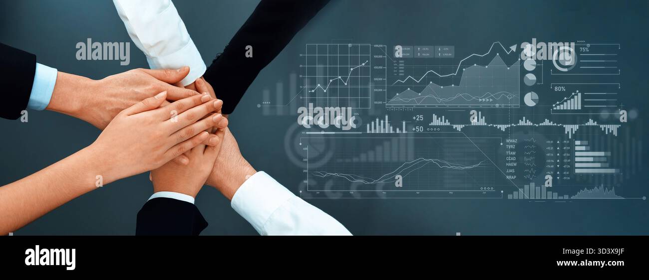 Ein lebendiges Bild, in dem verschiedene Hände vor einem Hintergrund analytischer Daten zusammenkommen und Teamarbeit und Teamerfolg in einem symbolisieren Stockfoto