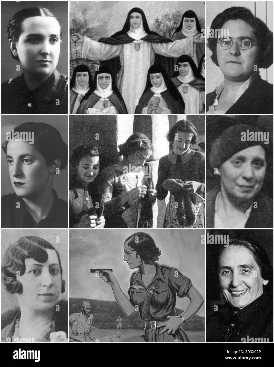 Eine Collage von Bildern mit Frauen, die am Spanischen Bürgerkrieg (1936–1939) beteiligt waren, die Figuren wie Dolores Ibárruri und Margarita Nelken hervorheben und ihre Rolle in den Konflikten und in den täglichen Kämpfen darstellen. Stockfoto