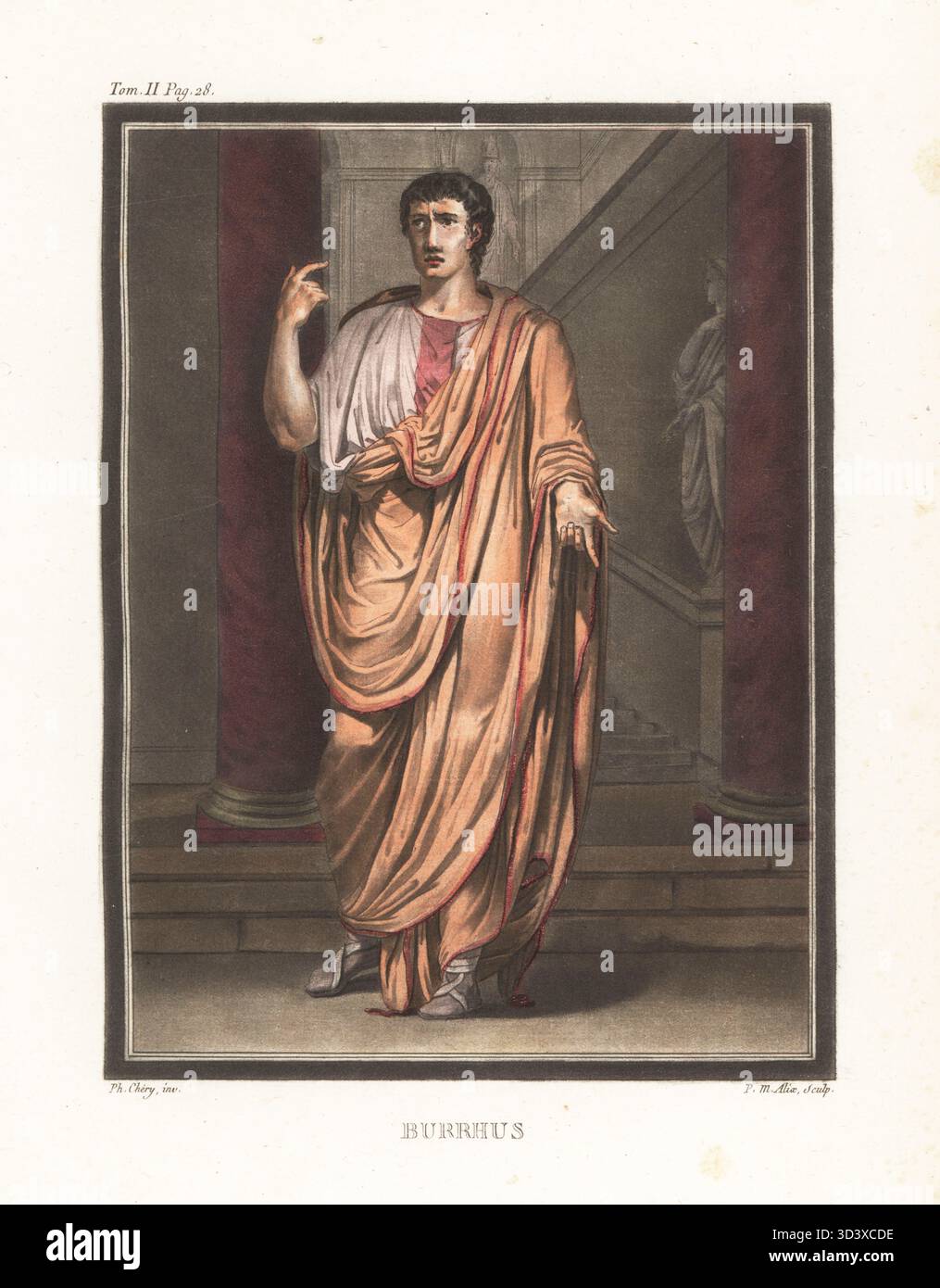 Burrhus, Lehrer des römischen Kaisers Nero, Figur in Racines Tragödie Britannicus, 1669. Mann im bronzenen Palliummantel, weiße Tunika, Sandalen, stehend zwischen violetten Säulen in der Nähe einer Treppe. Handkolorierter Kupferstich von Pierre-Michel Alix nach einer Illustration von Philippe Chéry aus Jean-Charles Le Vacher de Charnois Recherches sur les Kostüumes et sur les Theatres de Toutes les Nations, M. Drouhin, Paris, 1790. Stockfoto