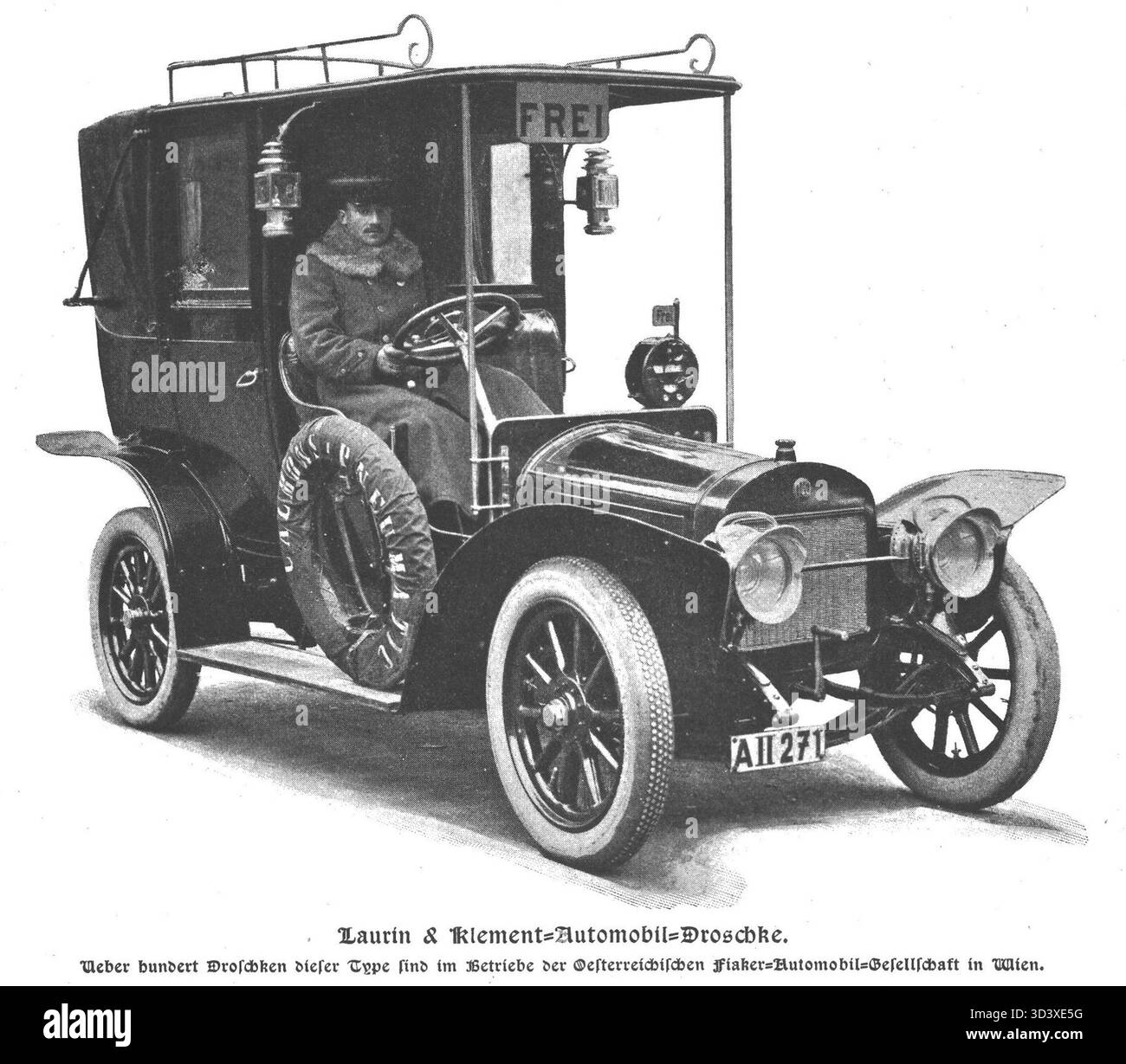 Das Klement GDV Taxi, das 1910 hier in Wien zu sehen war, repräsentiert den frühen Einsatz motorisierter Taxis in europäischen Städten, wobei die Marke Klement einen bedeutenden Akteur in der frühen Automobilgeschichte darstellt. Stockfoto