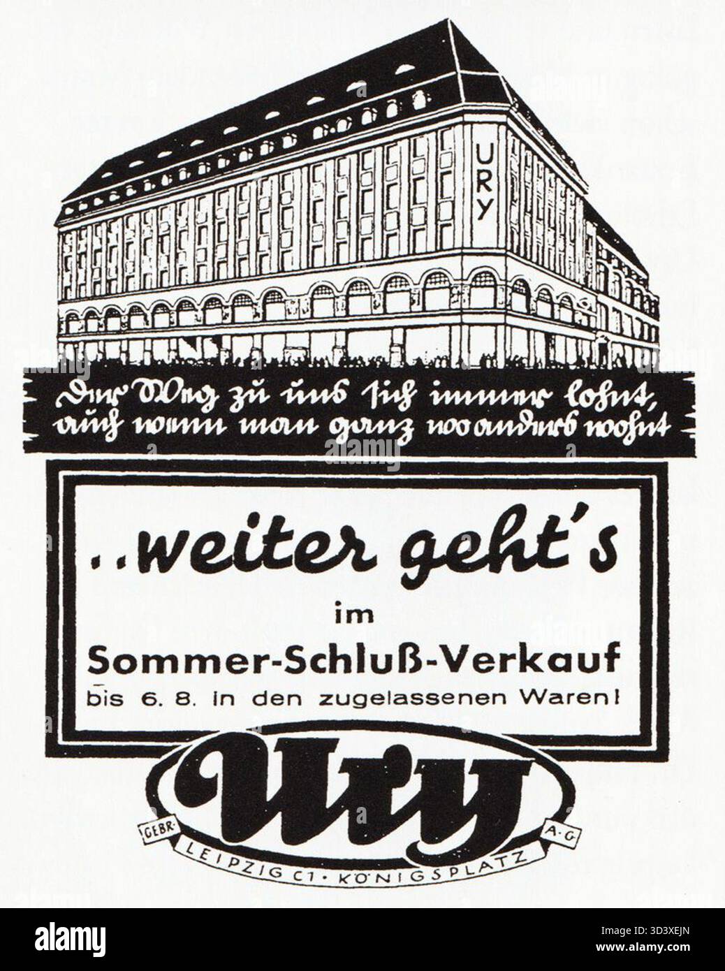Eine Werbung für das Kaufhaus Ury in Leipzig aus dem Jahr 1930, in der Werbematerial aus der damaligen Zeit gezeigt wird. Der Werbespot spiegelt den Stil und die Marketingtechniken des Einzelhandels des frühen 20. Jahrhunderts in Deutschland wider. Stockfoto
