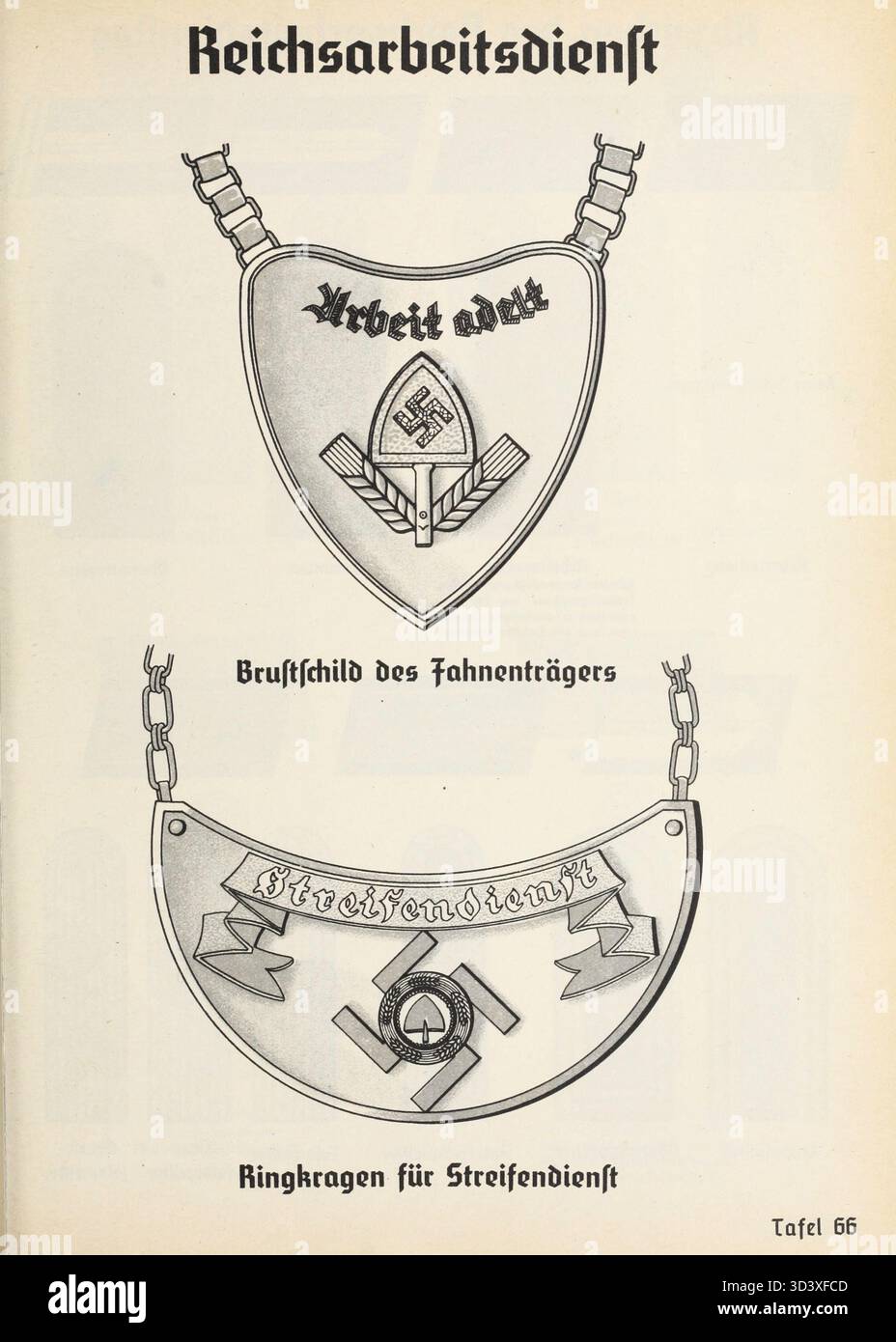 Diese Illustration aus dem Organisationsbuch der NSDAP von 1936 zeigt das Brustschild des Fahnenträgers und den Ringkragen für den Streifendienst im Reichsarbeitsdienst (Rad). Dies waren besondere Elemente der Uniform, die von Rad-Mitgliedern bei bestimmten Aufgaben getragen wurde, wie zum Beispiel Flaggenlager und Patrouillen. Stockfoto