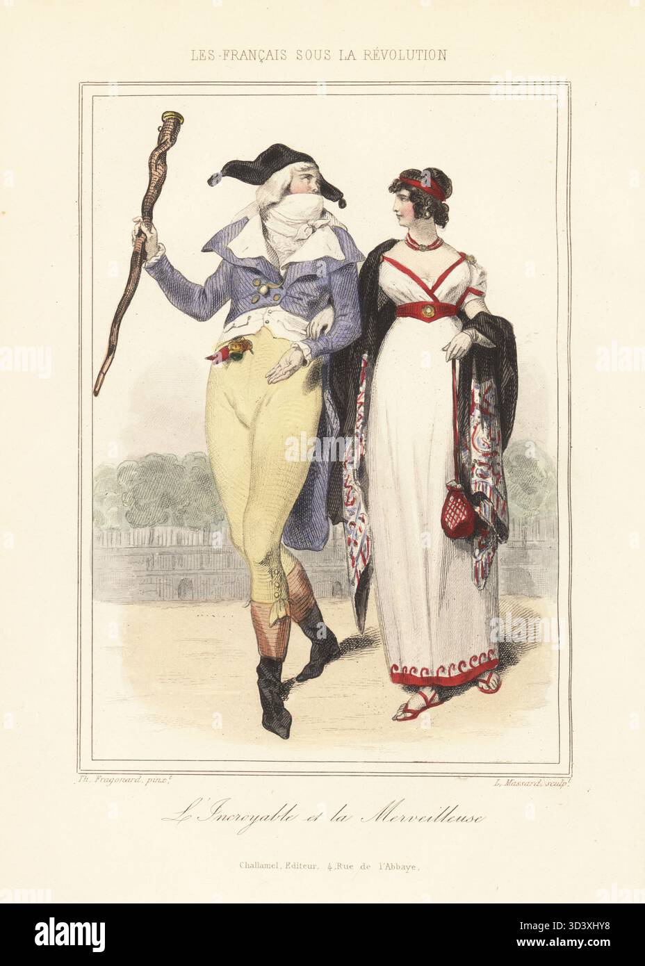 Französische Dandy und Belle, Revolutionära. Reaktionärer royalistischer Fell in Bicorne, weitem Revers Gehrock, hohem Kragen und Kragen, der einen Schläger hält. Schönheit in Korkenzieherlocken, gesticktem Schal, Bademantel und Sandalen im römischen Stil. L'Incrovable et la Merveillaise. Handkolorierter Stahlstich von Leopold Massard nach einer Illustration von Theophile Fragonard aus Augustin Challamel und Wilhelm Tenint's Les Francais sous la Revolution, die Franzosen unter der Revolution, Challamel, Paris, 1843. Stockfoto