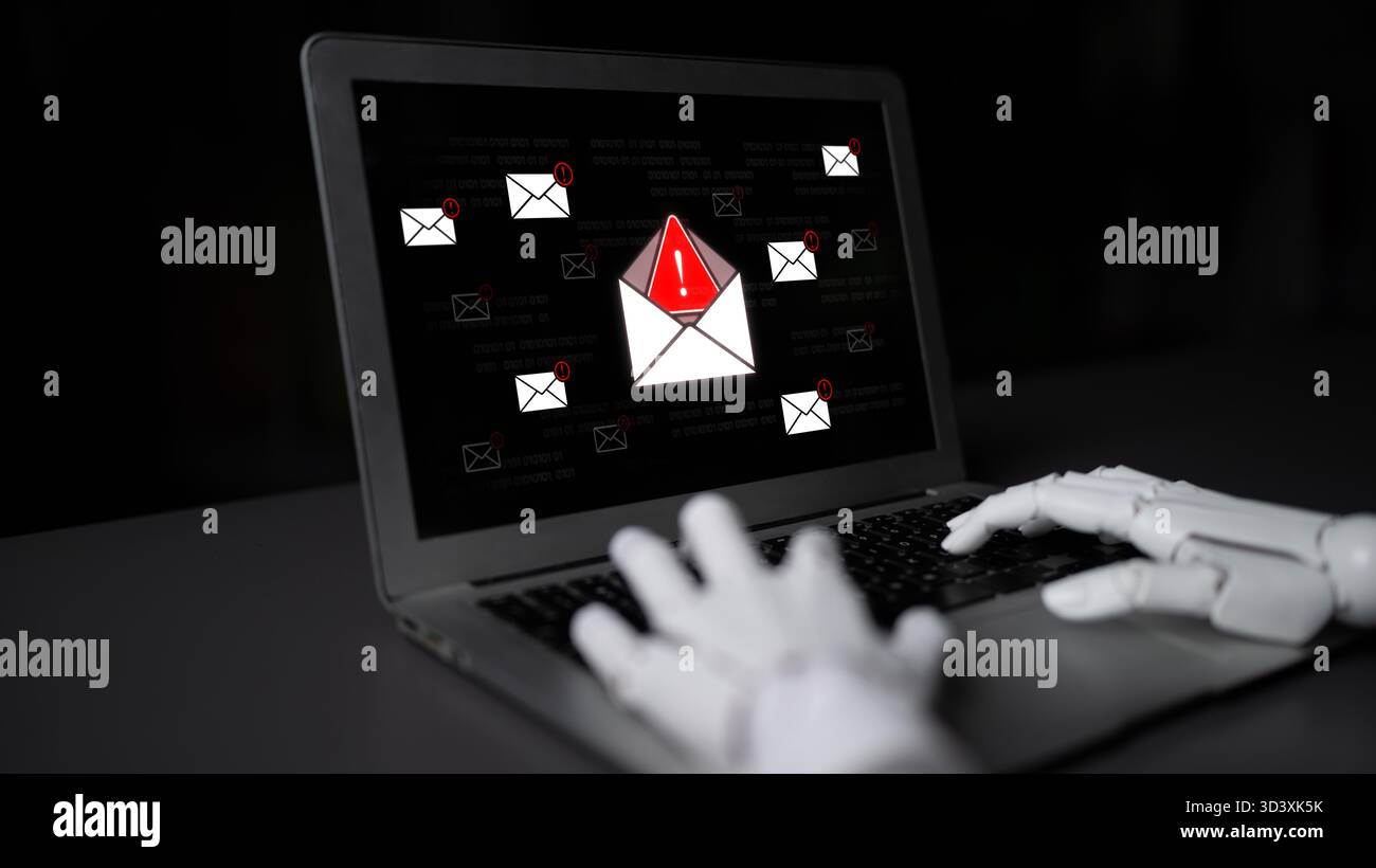 Ein KI-Assistent erkennt eine kritische Cybersicherheitsbedrohung und identifiziert eine Phishing-E-Mail im Posteingang. Dieses intelligente System gibt eine Warnung aus, um einen zu verhindern Stockfoto