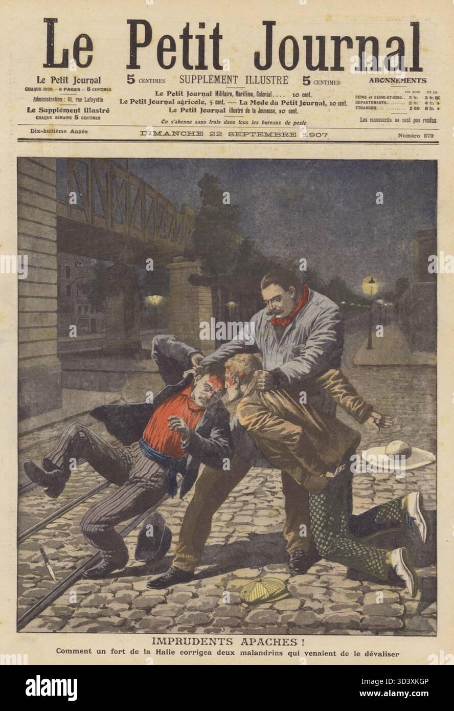 Dieses Cover vom 22. September 1907 im *Le Petit Journal* erzählt die Geschichte von zwei „apachen“ (Kriminelle), die nach einem Raubüberfall von einem starken Mann aus Halle konfrontiert wurden. Das Bild zeigt die Anstrengungen zur Kriminalprävention in Frankreich. Stockfoto