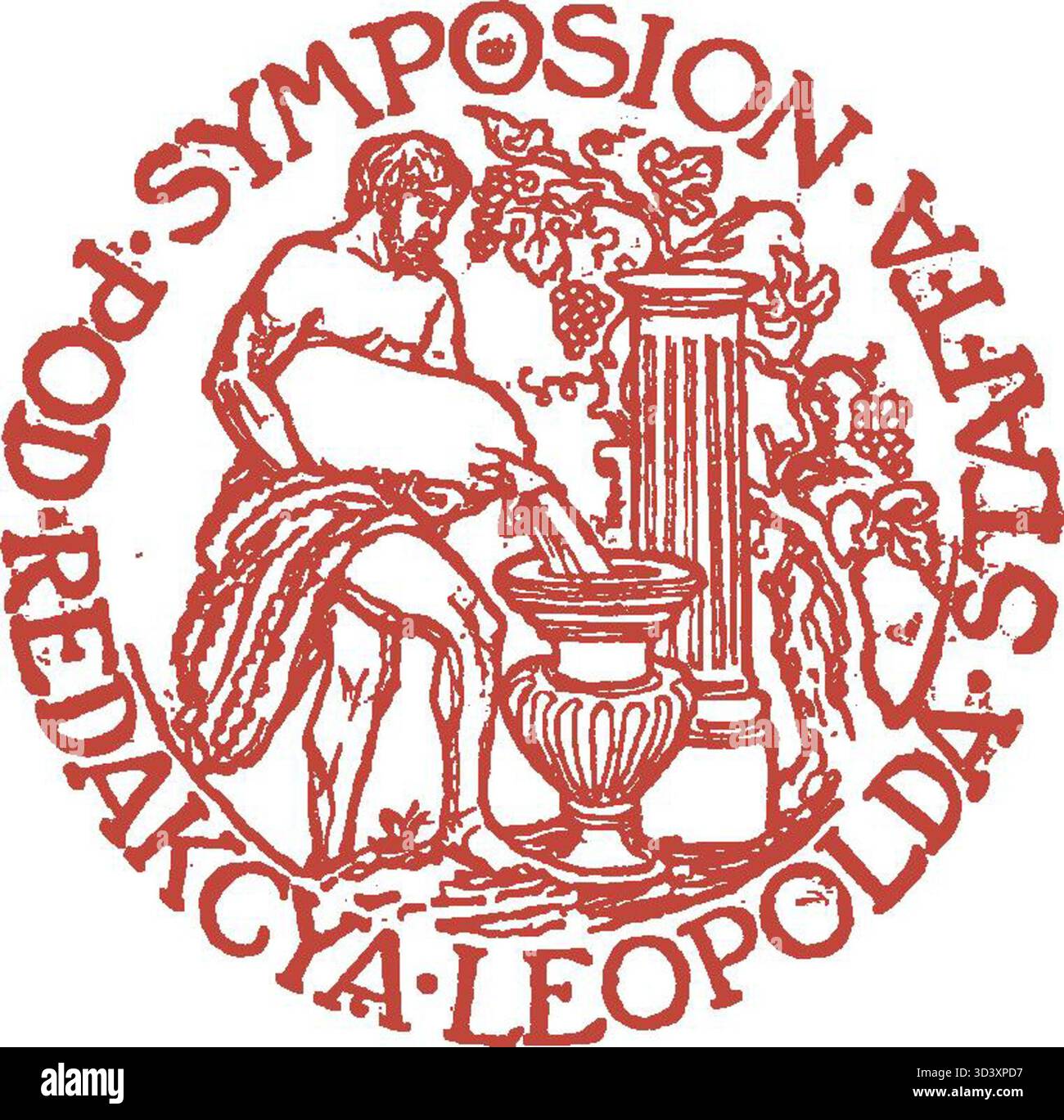 Ein anonymes Logo aus der Ausgabe 1911 der Zeitschrift *Symposion*, herausgegeben von Leopold Staff. Das Logo erscheint in der Publikation *Refleksye* mit einem Verweis auf Voltaire, was auf ein philosophisches oder literarisches Thema hindeutet. Stockfoto