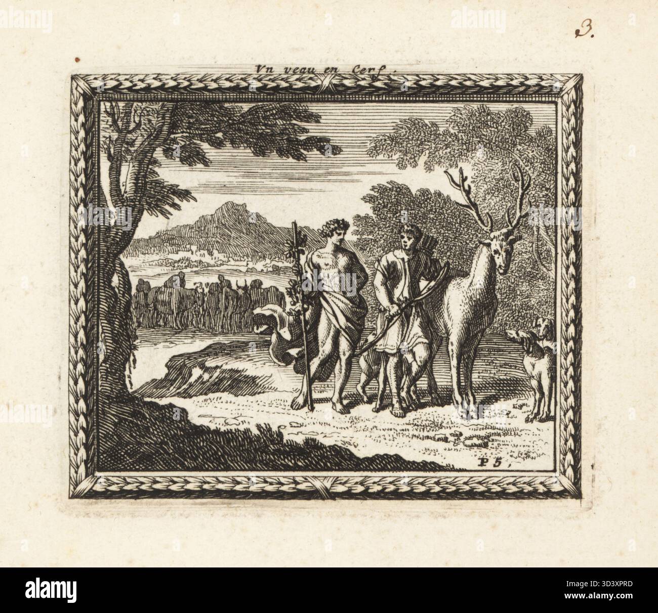 Bacchus, Gott des Weins, verwandelt ein Kalb in einen Hirsch für seinen Sohn. Bacchus hält seinen thyrsus und steht neben seinem Sohn mit Bogen und Pfeilen, die einen Hirsch halten. UN veau en cerf. Kupferstich von Francois Chauveau aus Metamorphoses d'Ovide en Rondeaux, Ovid's Metamorphoses, chez Audran, Paris, 1676. Stockfoto