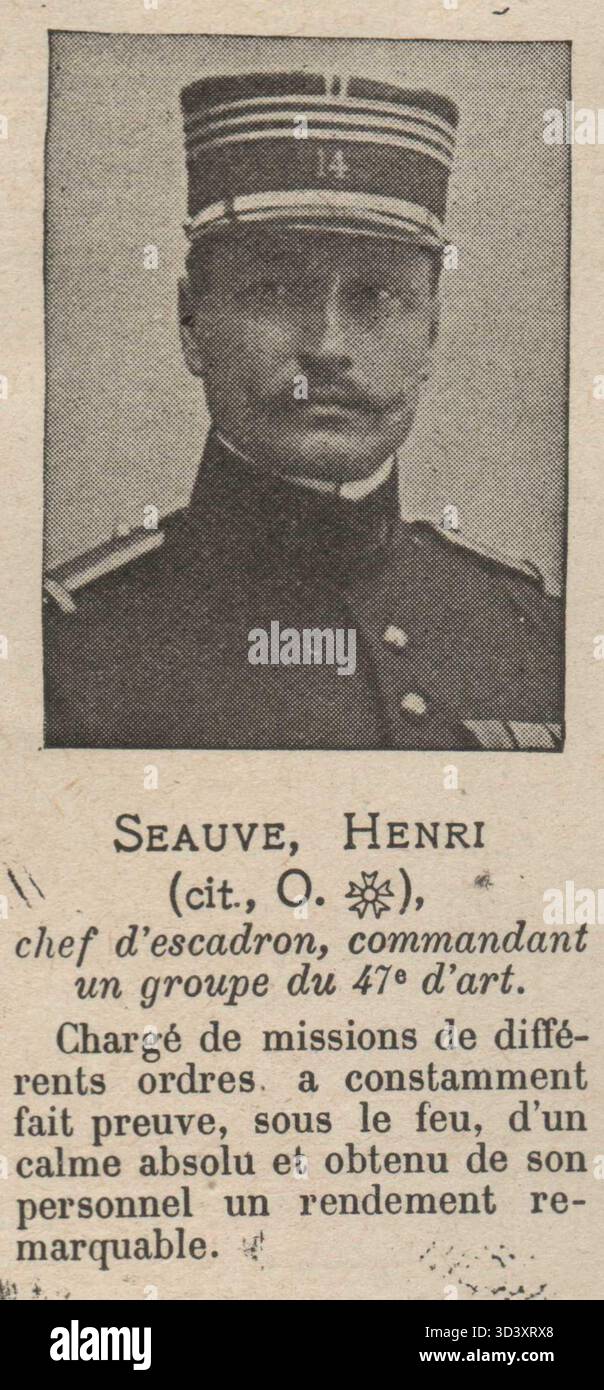 Ein 1915er-Nachtrag zu *L'ILLUSTRATION* mit Henri Seauve, einem Kapitän, der eine Gruppe der 47. Artilleriedivision kommandiert. Das Bild konzentriert sich auf seine Rolle während des Ersten Weltkriegs Stockfoto