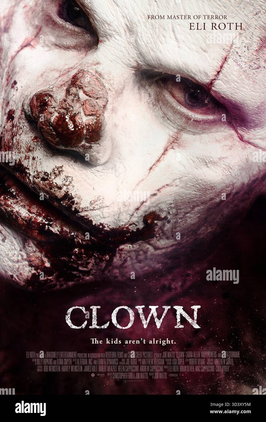 Clown (2014) unter der Regie von Jon Watts mit Andy Powers, Laura Allen und Peter Stormare. Ein Vater findet einen verfluchten Clown-Anzug, der ihn in einen monströsen Mörder verwandelt. US-Poster NUR FÜR REDAKTIONELLE ZWECKE. Quelle: BFA/Dimension Folien Stockfoto