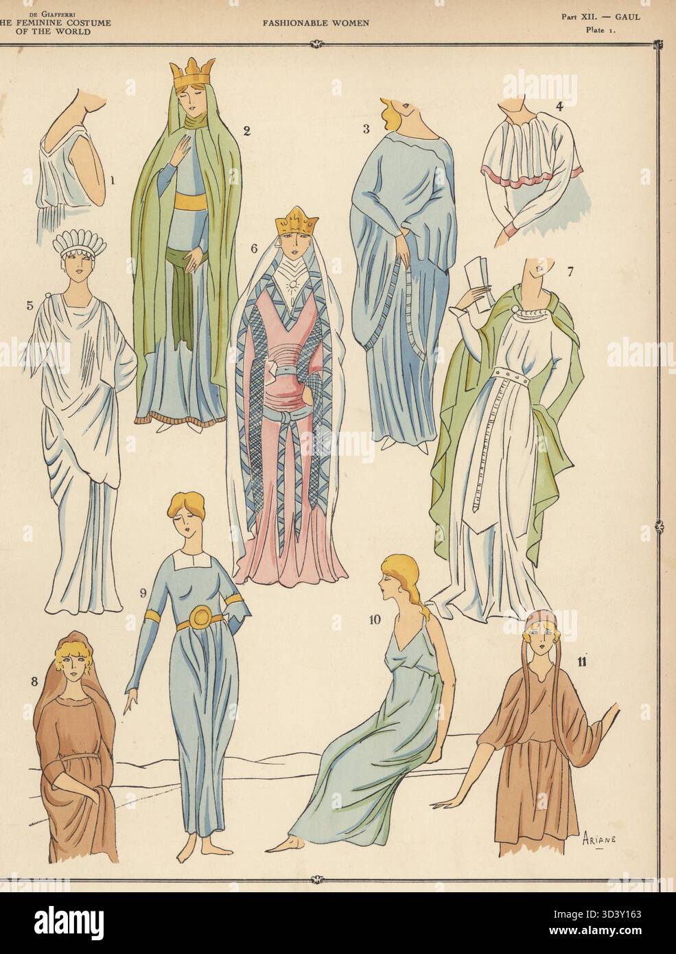 Modische Damen aus Gallic. Kostüm von Euxetra 1, Gallische Dame 6. Jahrhundert 2, Gallische Dame oder Cimbrian Gefangene 3, Frauen von Germania 4, gallo-römisches Gewand 5,8,9, merowingische Ära 6,7, Gallische Dame 10,11. Lithographie von Ariane aus Paul Louis de Giafferri's History of feminine Costume of the World, Foreign Publications, New York, 1927. Stockfoto