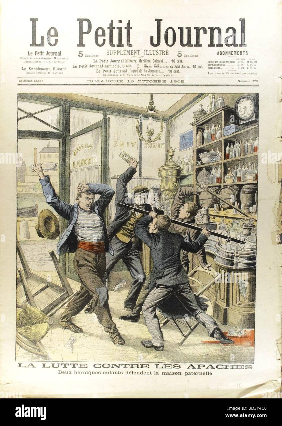 Die Ausgabe des *Le Petit Journal* vom 15. Oktober 1905 beleuchtet den anhaltenden Kampf gegen die „apachen“ (Kriminelle) und konzentriert sich dabei auf die Strafverfolgungsmaßnahmen zur Bekämpfung von Bandengewalt und Kriminalität in Frankreich während dieser Zeit. Stockfoto