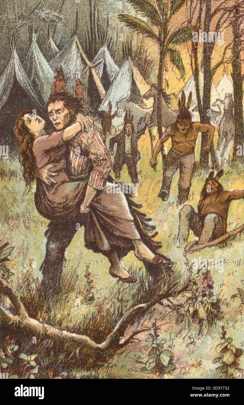 Eine grafische Illustration aus dem polnischen Buch Duch puszczy von PL Bird aus dem Jahr 1912. Das Stück zeigt eine szenische oder atmosphärische Darstellung, die zum literarischen Thema des Waldgeistes passt. Stockfoto