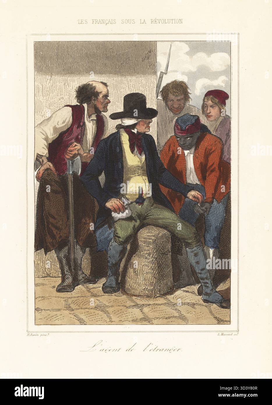 Ein ausländischer Agent, der Ärger auf der Kai-Seite schürt, 1789. Ein Ausländer mit einer Tüte Gold bestecht einen schwarzen Arbeiter und spricht mit bewaffneten Konterrevolutionären. Agenten aus Briten und Deutschland infiltrierten die Jakobiner. L'Agent de l'etranger. Handkolorierter Stahlstich von Leopold Massard nach einer Illustration von Henri Baron aus Augustin Challamel und Wilhelm Tenint's Les Francais sous la Revolution, die Franzosen unter der Revolution, Challamel, Paris, 1843. Stockfoto