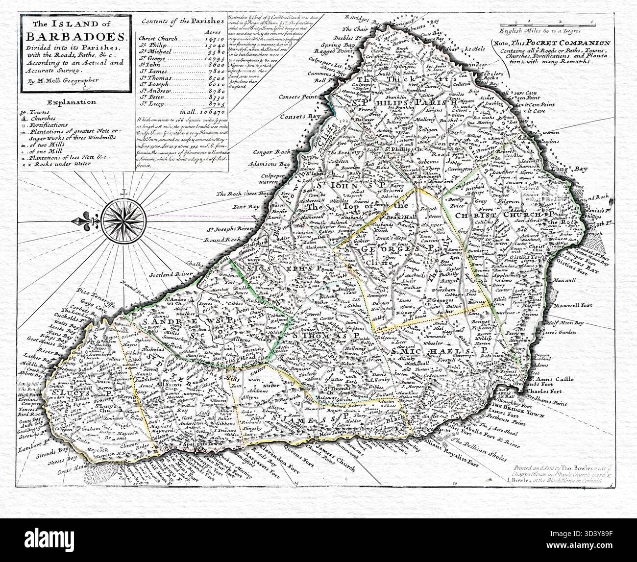 Die Insel Barbados gliedert sich in ihre Gemeinden – Antique Map of Barbados aus dem 18. Jahrhundert, Colonial British West Indies, Accurate Survey & Roads Stockfoto