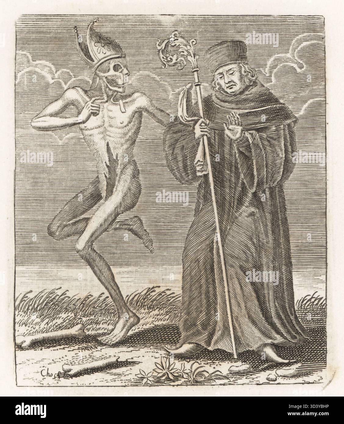 Leiche des Todes mit dem Abt. Skelettfigur in Gehrung mit freiliegenden Eingeweiden, die den Kleriker ergreift. Der Abt mit Hut, die Cassocke hält einen crozier. Kupferstich von Jacques-Antony Chovin nach einer Illustration von Matthaus Merian aus Todtentanz der Stadt Basel: Der Tanz des Todes in Basel, La Danse des Morts a Bale, Basel, Schweiz, 1744. Stockfoto