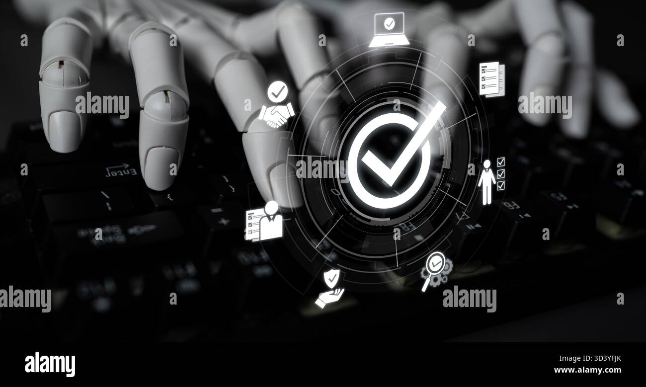 KI unterstützt die Qualitätssicherung durch intelligente Kontrollsysteme, Compliance-Überwachung und virtuelle Assistenten, um die Produktqualität zu gewährleisten. Verriegelung Stockfoto