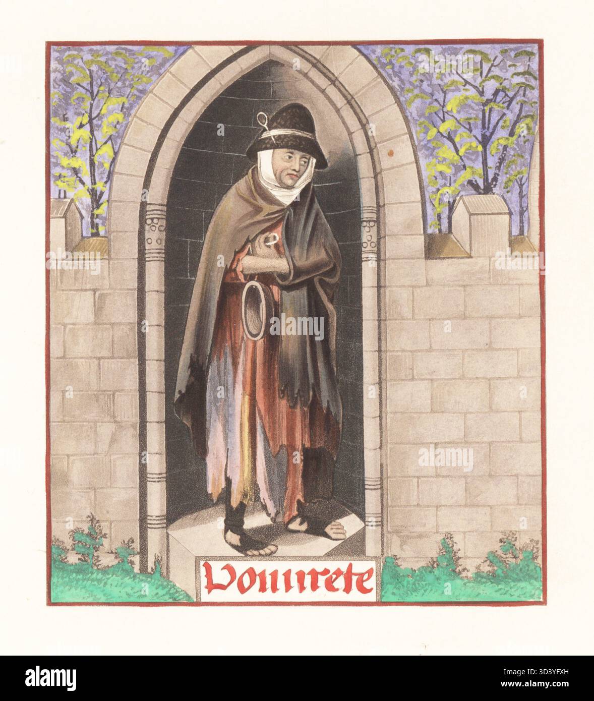 Arme Frau in Mütze und Wimper, zerlumpter Mantel und Kleid, Strümpfe mit Löchern, ohne Schuhe, mit einer Schüssel. Armutszahl. Povvvrete, Manuskript aus The Romance of the Rose, British Library MS Harley 4425, um 1480. Handkolorierter Holzschnitt von Henry Shaw aus seinen eigenen Kleidern und Dekorationen des Mittelalters vom 7. Bis 17. Jahrhundert, William Pickering, London, 1843. Stockfoto