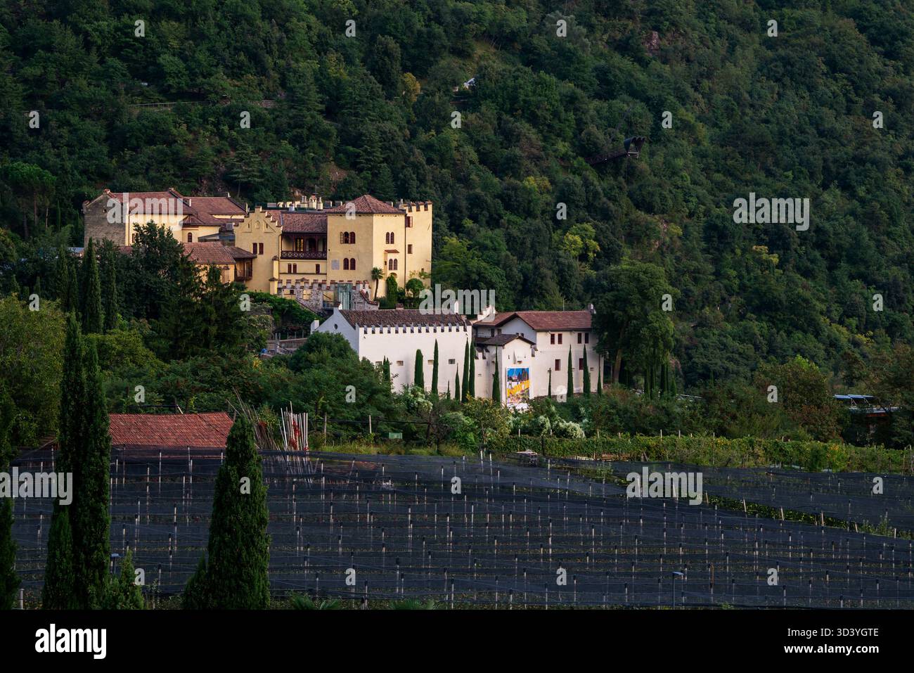 Panoramablick auf die Gärten von Schloss Trauttmansdorff bei Meran in Italien. Stockfoto