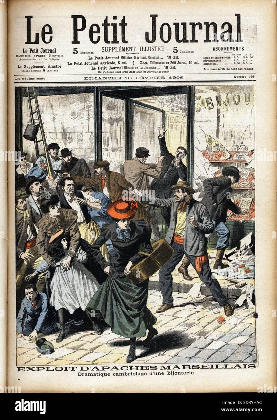 Diese Illustration aus der Ausgabe des *Le Petit Journal* vom 18. Februar 1906 zeigt eine Ausbeutung der „apaches“ (Kriminelle) von Marseille, die ein berüchtigtes Verbrechen oder eine Gangart in der Stadt Marseille darstellt. Stockfoto