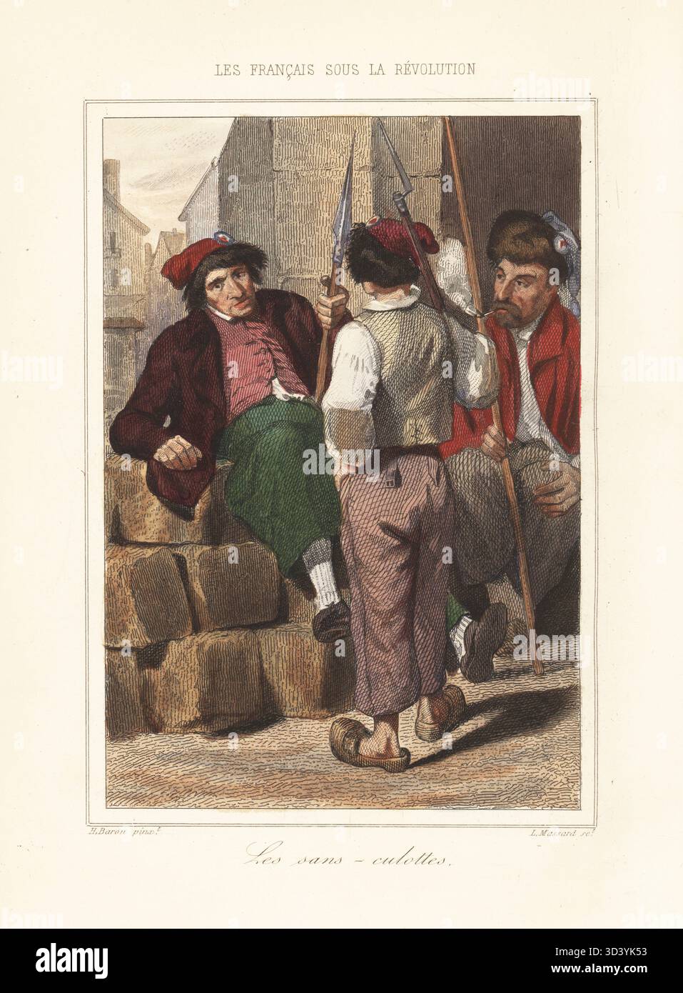 Eine Gruppe bewaffneter Zivilisten oder Sans-Culottes an einer Barrikade während der Französischen Revolution. Arbeiter in phrygischer Mütze mit dreifarbigen Kokaden, Mänteln, Pantaloons und Clogs, bewaffnet mit Musketen und Hechten. Les sans-Culottes. Handkolorierter Stahlstich von Leopold Massard nach einer Illustration von Henri Baron aus Augustin Challamel und Wilhelm Tenint's Les Francais sous la Revolution, die Franzosen unter der Revolution, Challamel, Paris, 1843. Stockfoto