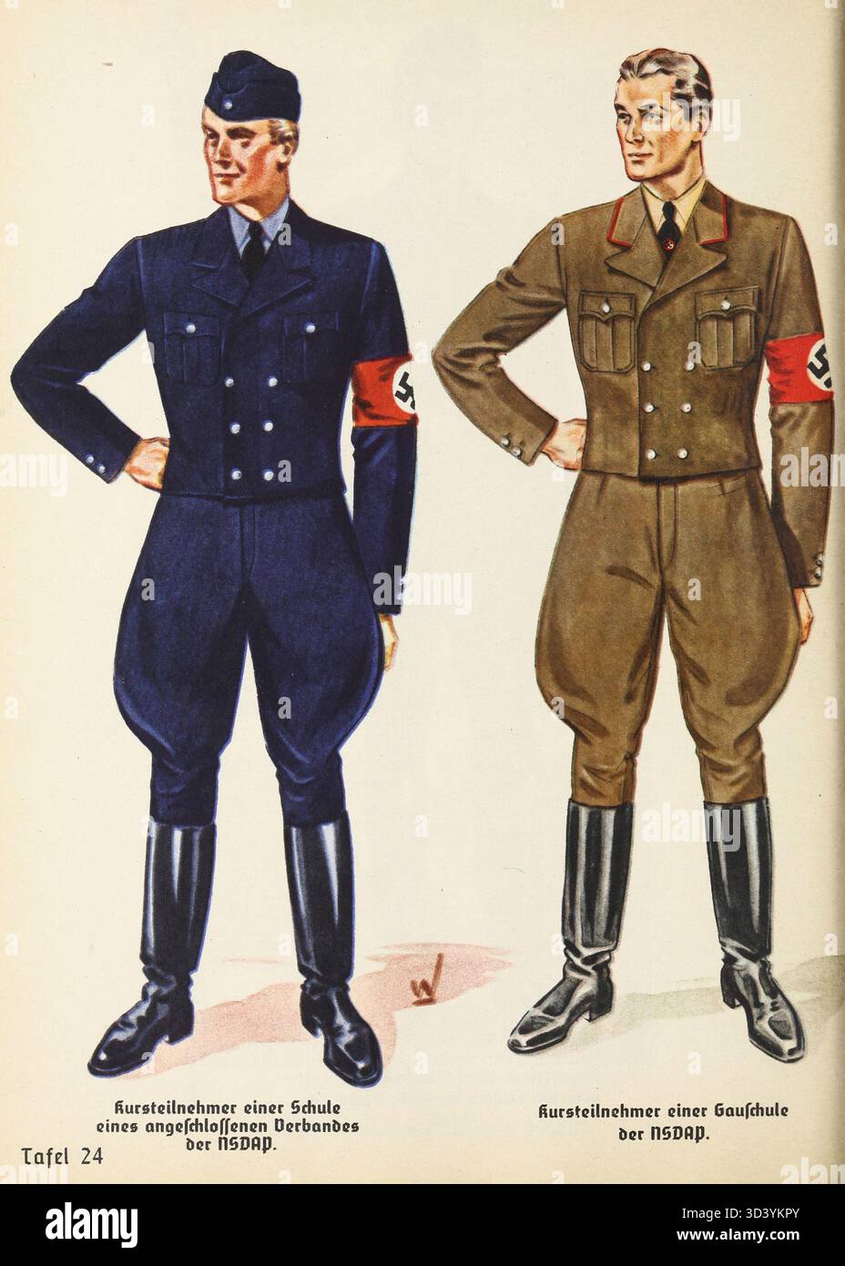 Dieses Bild aus dem Organisationsbuch der NSDAP von 1936 zeigt Teilnehmer einer NSDAP-Ausbildungsschule. Das Bild zeigt eine Gruppe von politischen Führern in Uniform, die die Organisationsstruktur und den ideologischen Schwerpunkt der nationalsozialistischen Deutschen Arbeiterpartei während dieser Zeit repräsentiert. Stockfoto