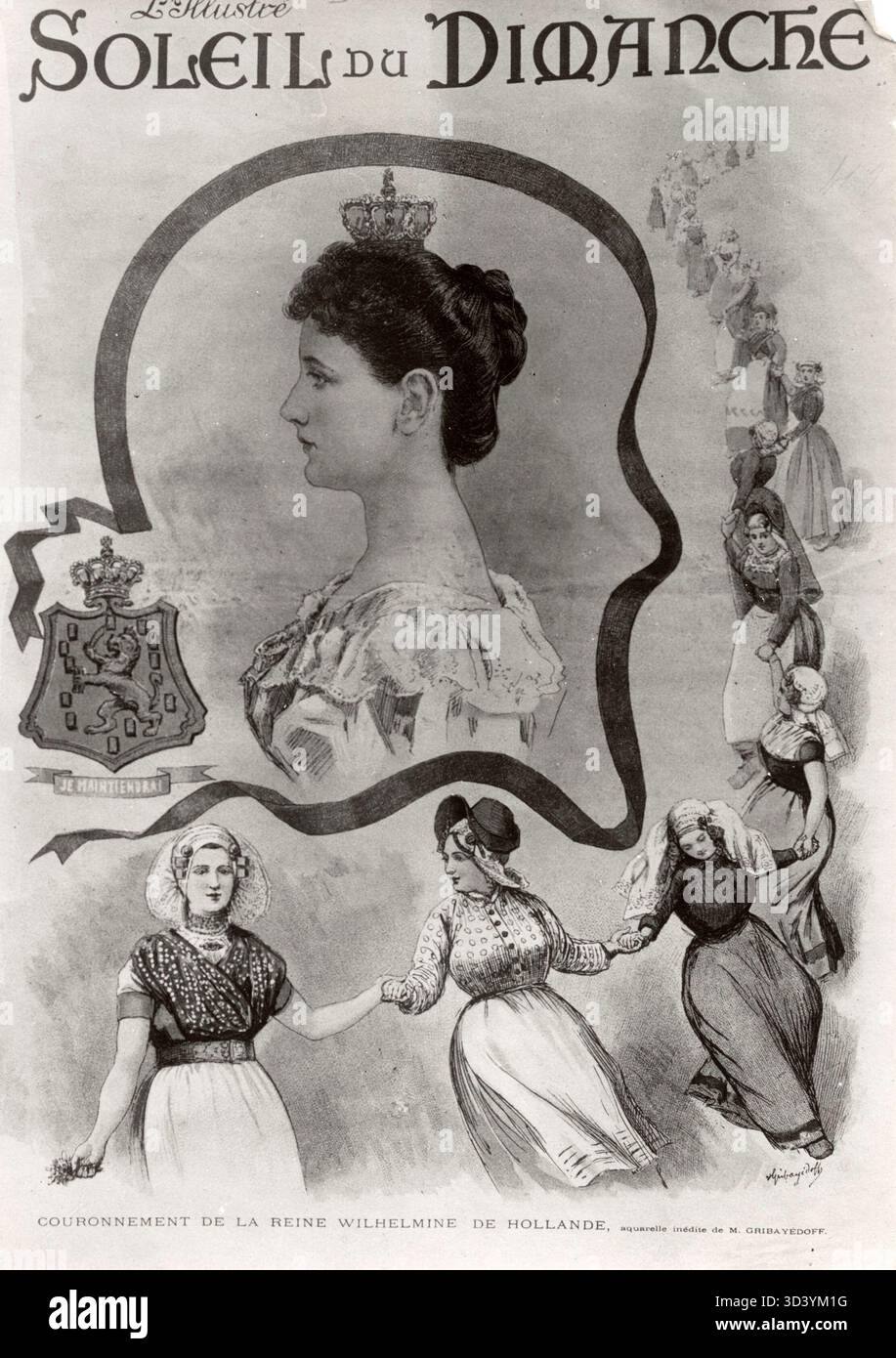 Illustration der Krönung von Königin Wilhelmina mit einer Krone und umgeben von Frauen in traditionellen niederländischen Kostümen. Die Illustration wurde vor ihrer offiziellen Krönung in einer Zeitschrift veröffentlicht. Stockfoto