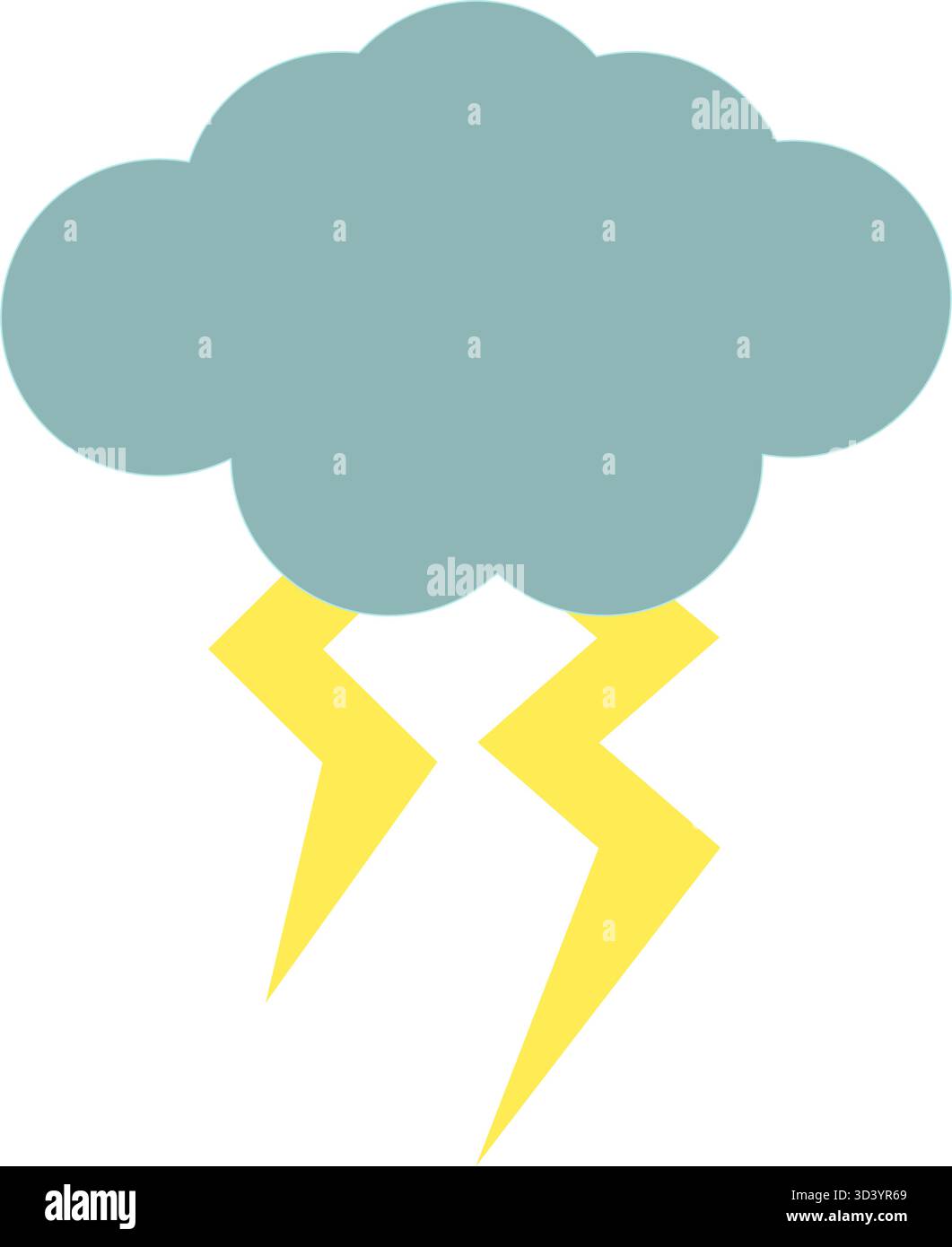 Flaches Design-Vektorsymbol einer dunkelgrauen Wolke mit zwei gelben Blitzschlägen darunter. Gewitter oder Gewitter isoliert auf weiß Stock Vektor