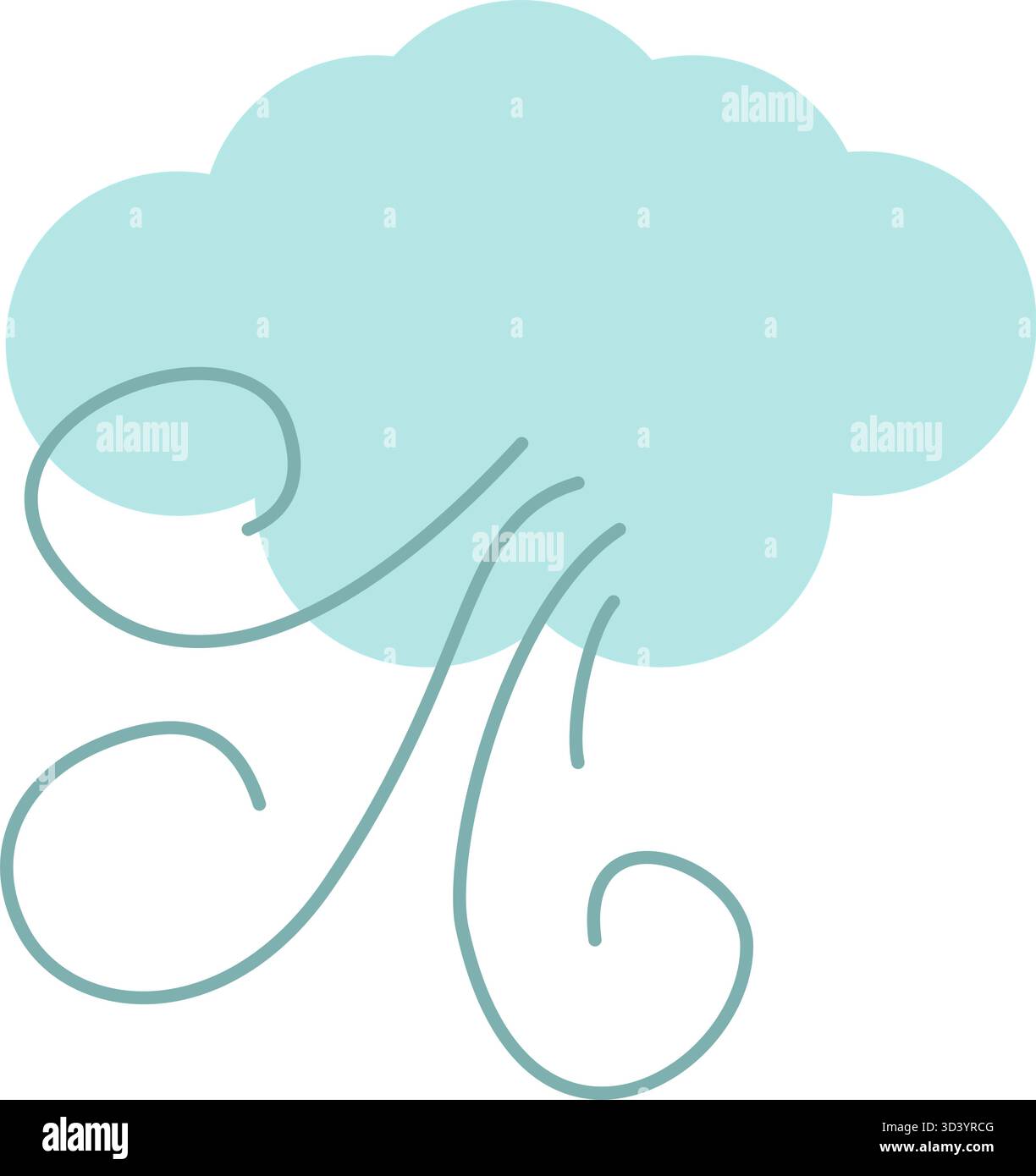 Niedliches flaches Vektorsymbol einer hellblauen Wolke mit wirbelnden Windlinien darunter. Wind- oder windiger Zustand, isoliert auf weißem Hintergrund Stock Vektor