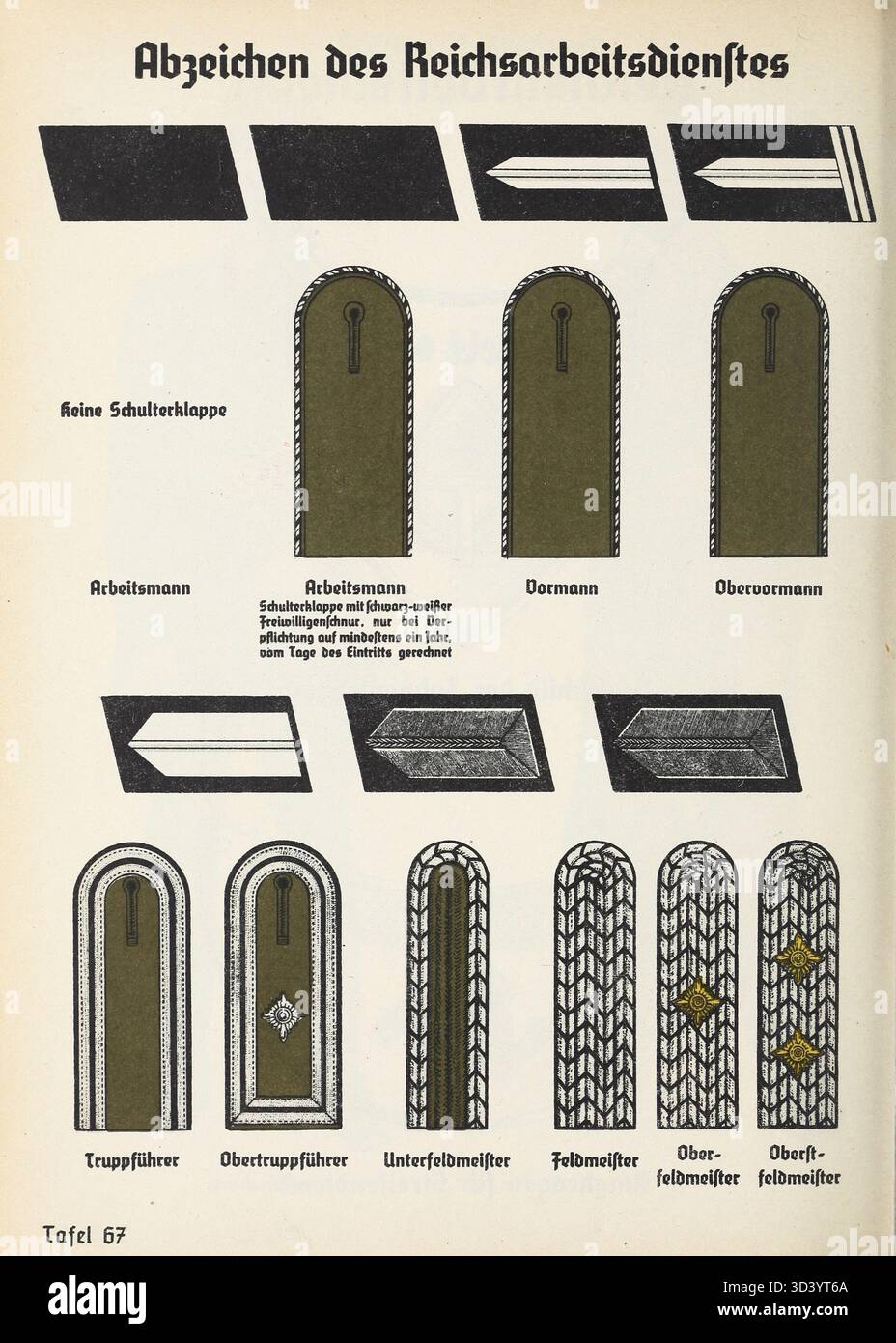 Dieses Bild aus dem Organisationsbuch der NSDAP von 1936 zeigt Insignien und Uniformen des 1935 eingeführten Reichsarbeitsdienstes (Rad). Rad-Mitglieder, die vor allem mit Bau und Wartung für die Wehrmacht betraut waren, trugen ab 1934 standardisierte, erdbraune Uniformen. Stockfoto