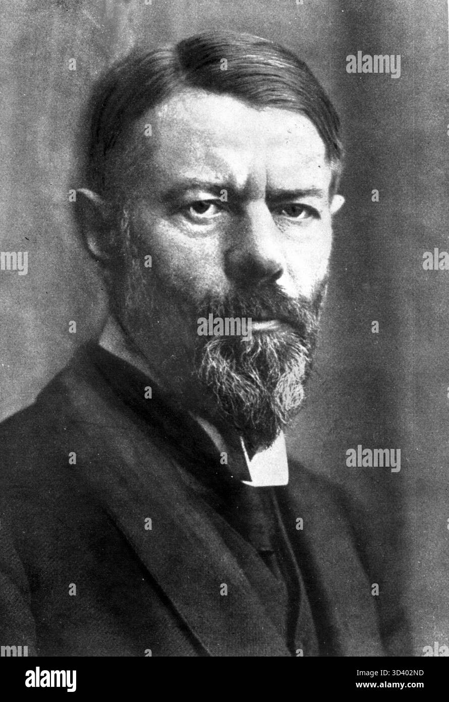 Max Weber, ein prominenter deutscher Soziologe, lebte von 1864 bis 1920. Dieses Foto zeigt seine Bedeutung in der Soziologie, insbesondere seine Beiträge zur Theorie des sozialen Handelns, der Bürokratie und der Entwicklung des modernen Kapitalismus. Stockfoto