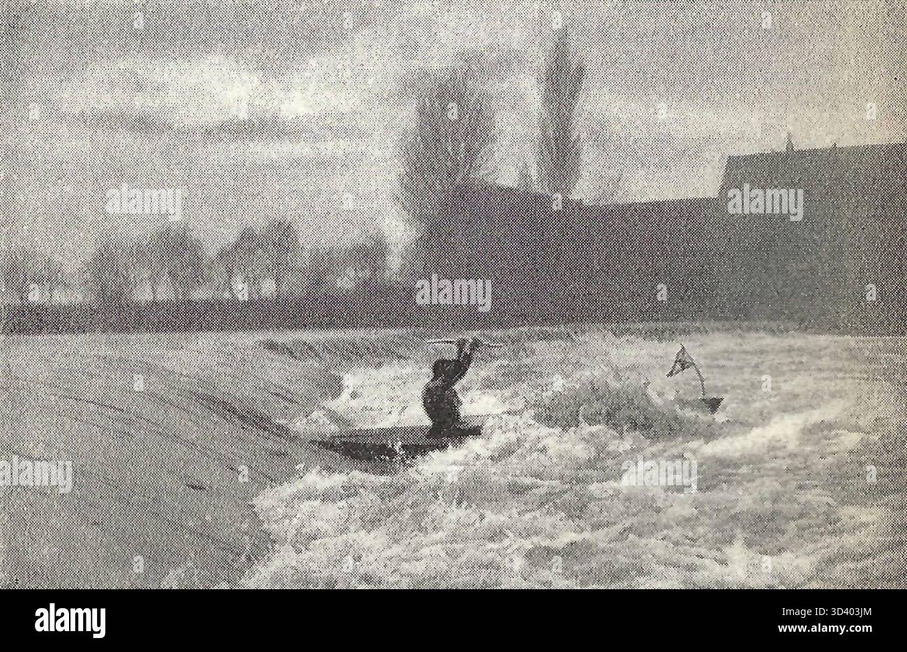 Ein historisches Foto, das Wassersportarten am Cracauer Wasserfall zeigt, mit Menschen, die Wasseraktivitäten ausüben. Diese Szene wurde vor 1929 aufgenommen und veranschaulicht das Freizeitleben in der Gegend. Stockfoto