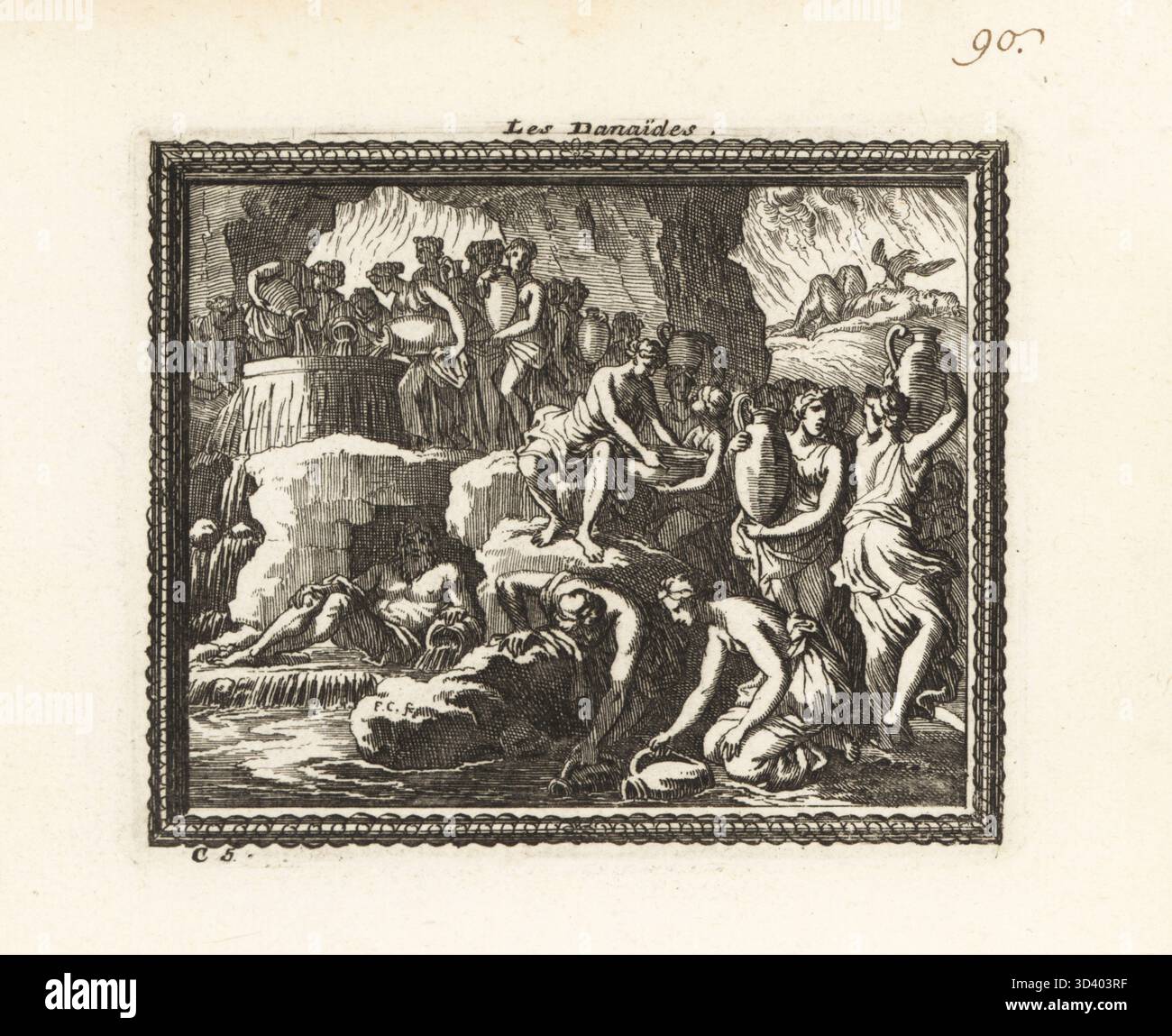 Die Danaiden transportieren Wasser aus einem Fluss, um einen perforierten behälter für die Ewigkeit im Hades zu füllen. Die fünfzig Töchter von Danaus, dem König von Libyen, wurden bestraft, weil sie ihre Ehemänner, die Söhne von Aegyptus, getötet hatten. In einer Höhle frisst ein Adler Prometheus' Leber. Les Danaides. Kupferstich von Francois Chauveau aus Metamorphoses d'Ovide en Rondeaux, Ovid's Metamorphoses, chez Audran, Paris, 1676. Stockfoto