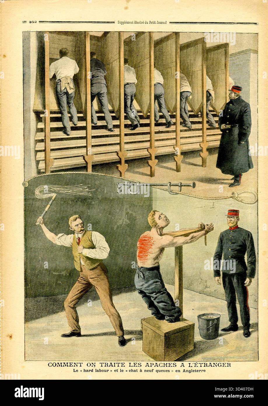 In dieser Illustration aus der Ausgabe des *Le Petit Journal* vom 3. November 1907 wird erläutert, wie „apachen“ (Kriminelle) im Ausland behandelt werden, wobei gesellschaftliche Fragen der Kriminalität und der Strafverfolgung in verschiedenen Ländern hervorgehoben werden. Stockfoto
