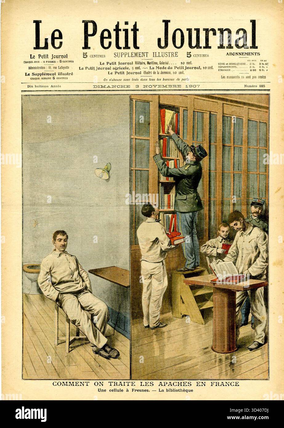Dieses Cover aus der Ausgabe des *Le Petit Journal* vom 3. November 1907 konzentriert sich auf die Behandlung von „apachen“ (Kriminellen) in Frankreich und hebt die Reaktion der Öffentlichkeit auf Kriminalität und die angewandte Strafverfolgungsstrategie hervor. Stockfoto